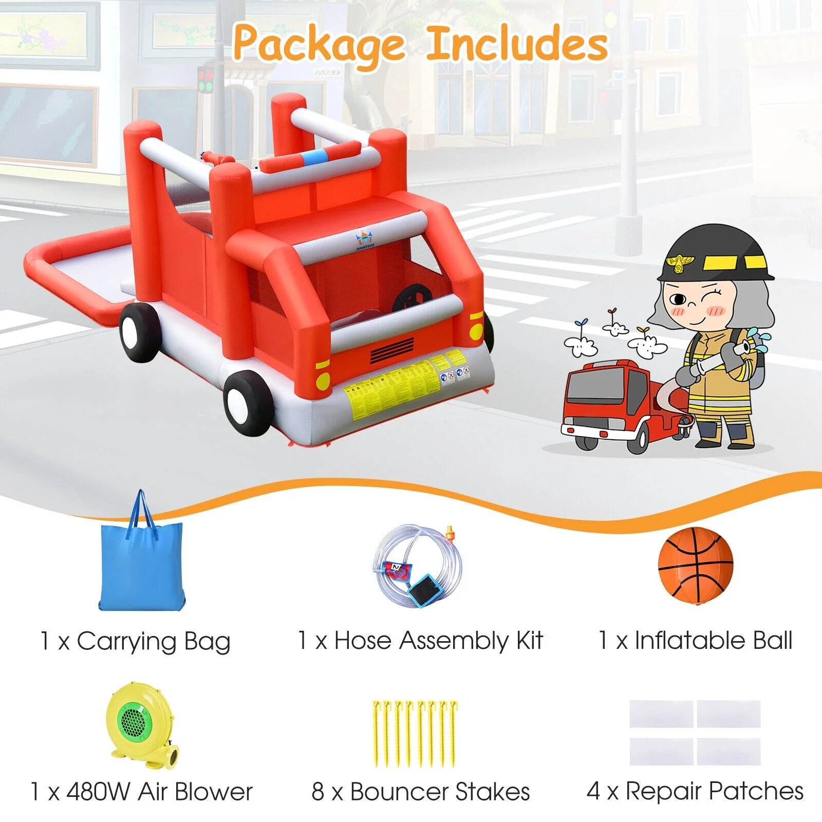 Fire Truck Themed Inflatable Castle Water Park Kids Bounce House with 480W Blower - Image 6