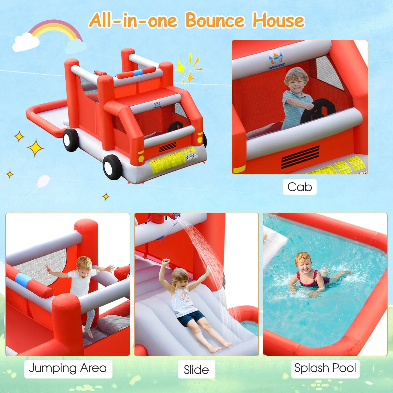 Fire Truck Themed Inflatable Castle Water Park Kids Bounce House with 480W Blower - Image 7