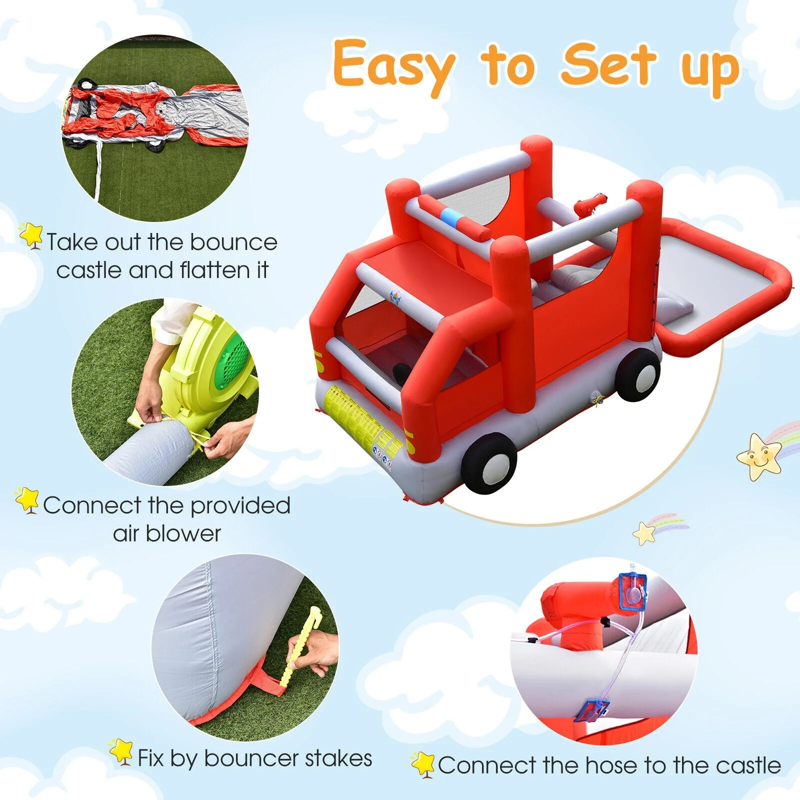 Fire Truck Themed Inflatable Castle Water Park Kids Bounce House with 480W Blower - Image 8