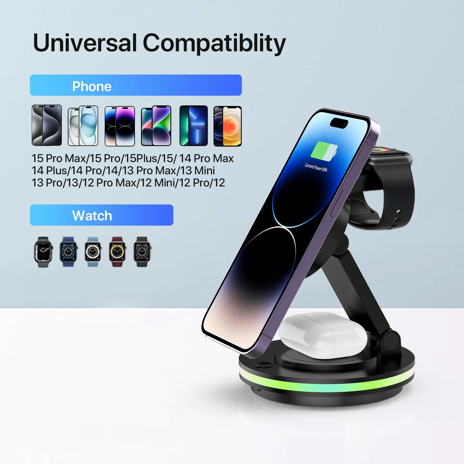 Foldable 4-in-1 Magnetic Wireless Charging Station with 7-Color Night Light for iPhone, Apple Watch & AirPods - Image 12