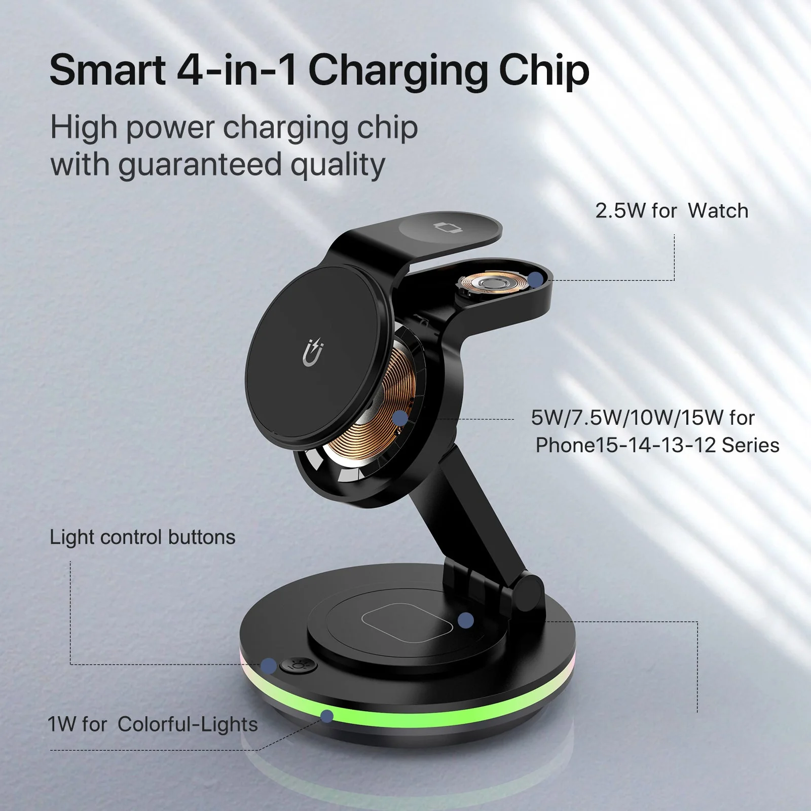 Foldable 4-in-1 Magnetic Wireless Charging Station with 7-Color Night Light for iPhone, Apple Watch & AirPods - Image 13