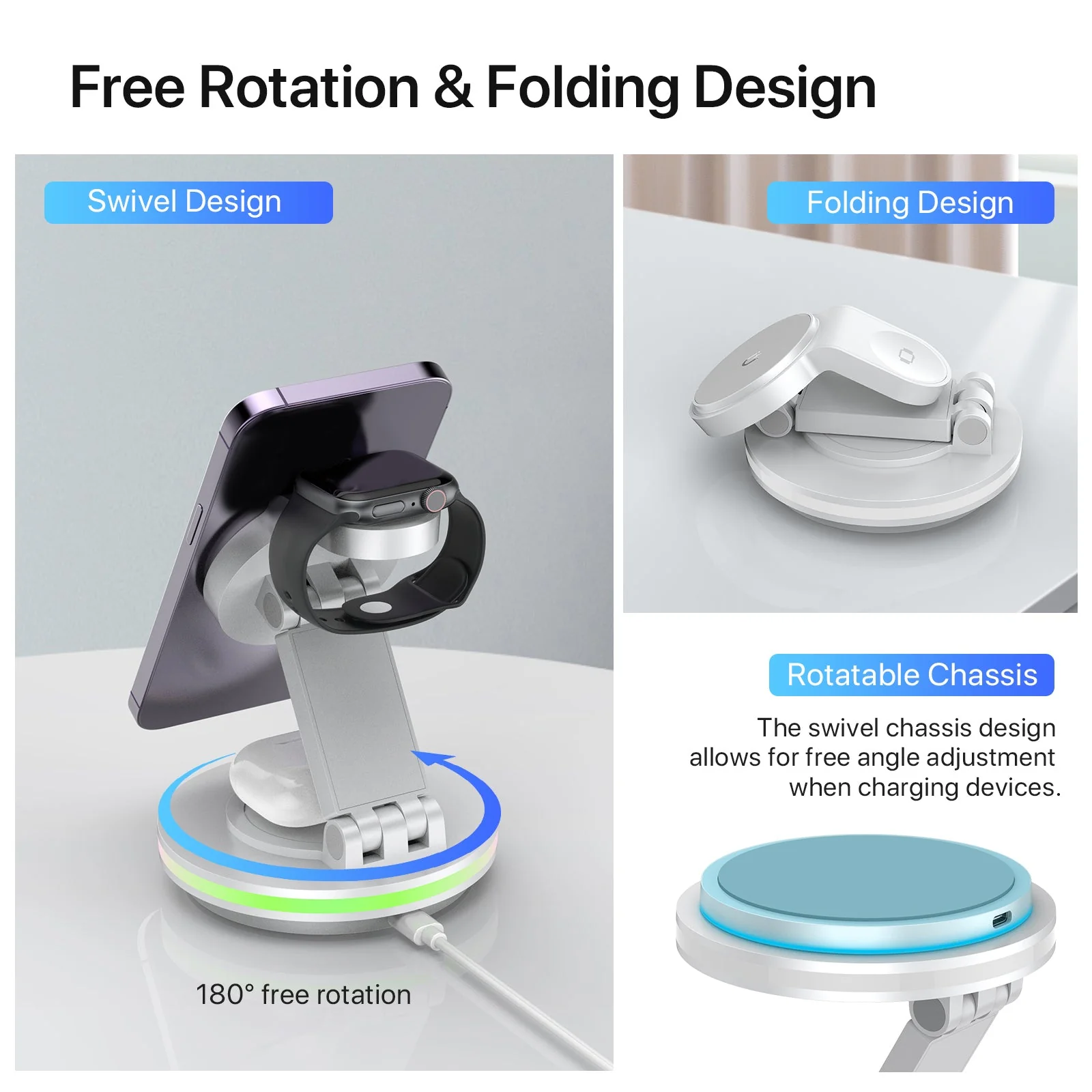Foldable 4-in-1 Magnetic Wireless Charging Station with 7-Color Night Light for iPhone, Apple Watch & AirPods - Image 15