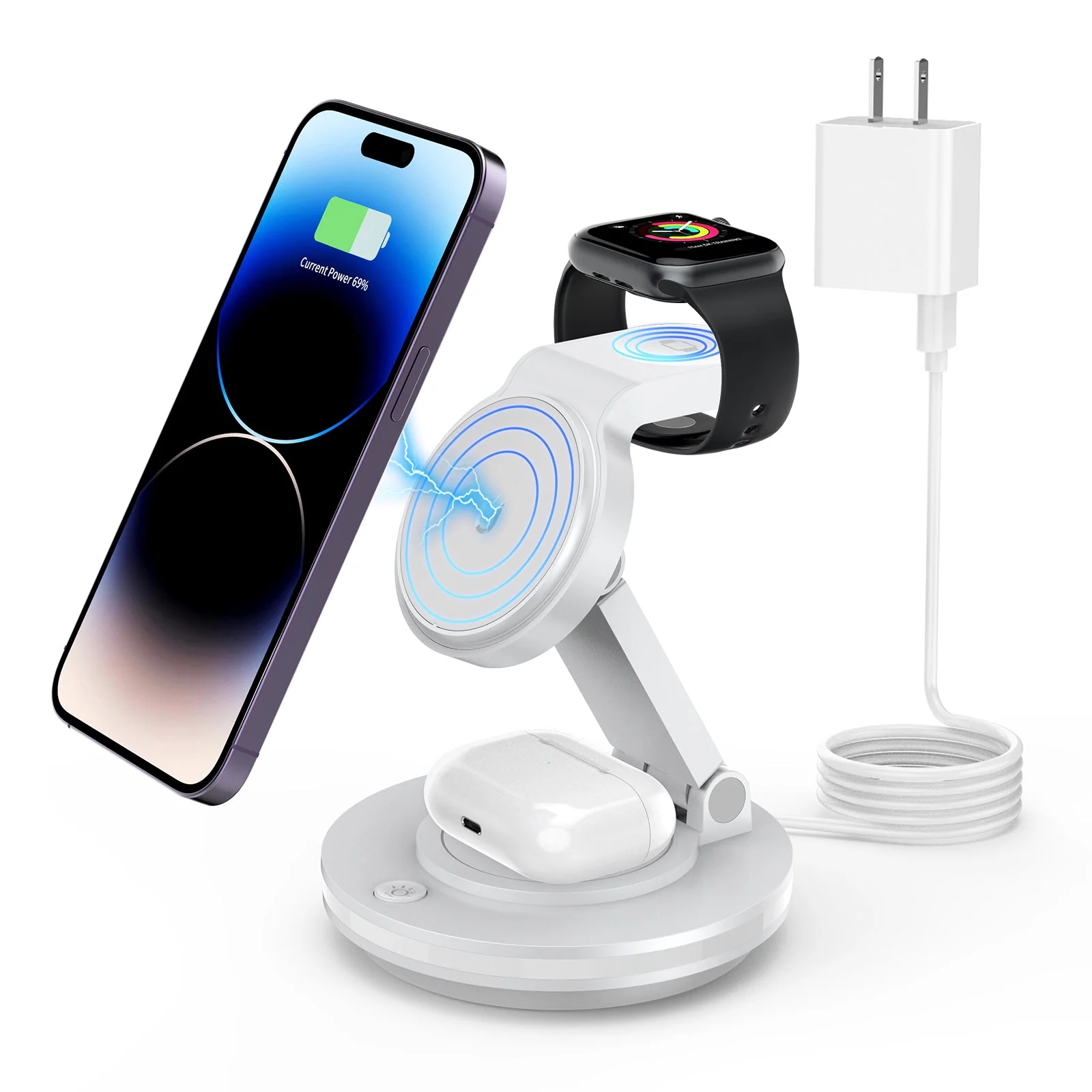 Foldable 4-in-1 Magnetic Wireless Charging Station with 7-Color Night Light for iPhone, Apple Watch & AirPods - Image 17