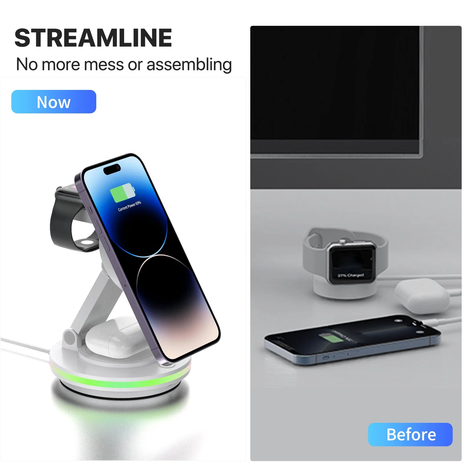Foldable 4-in-1 Magnetic Wireless Charging Station with 7-Color Night Light for iPhone, Apple Watch & AirPods - Image 18