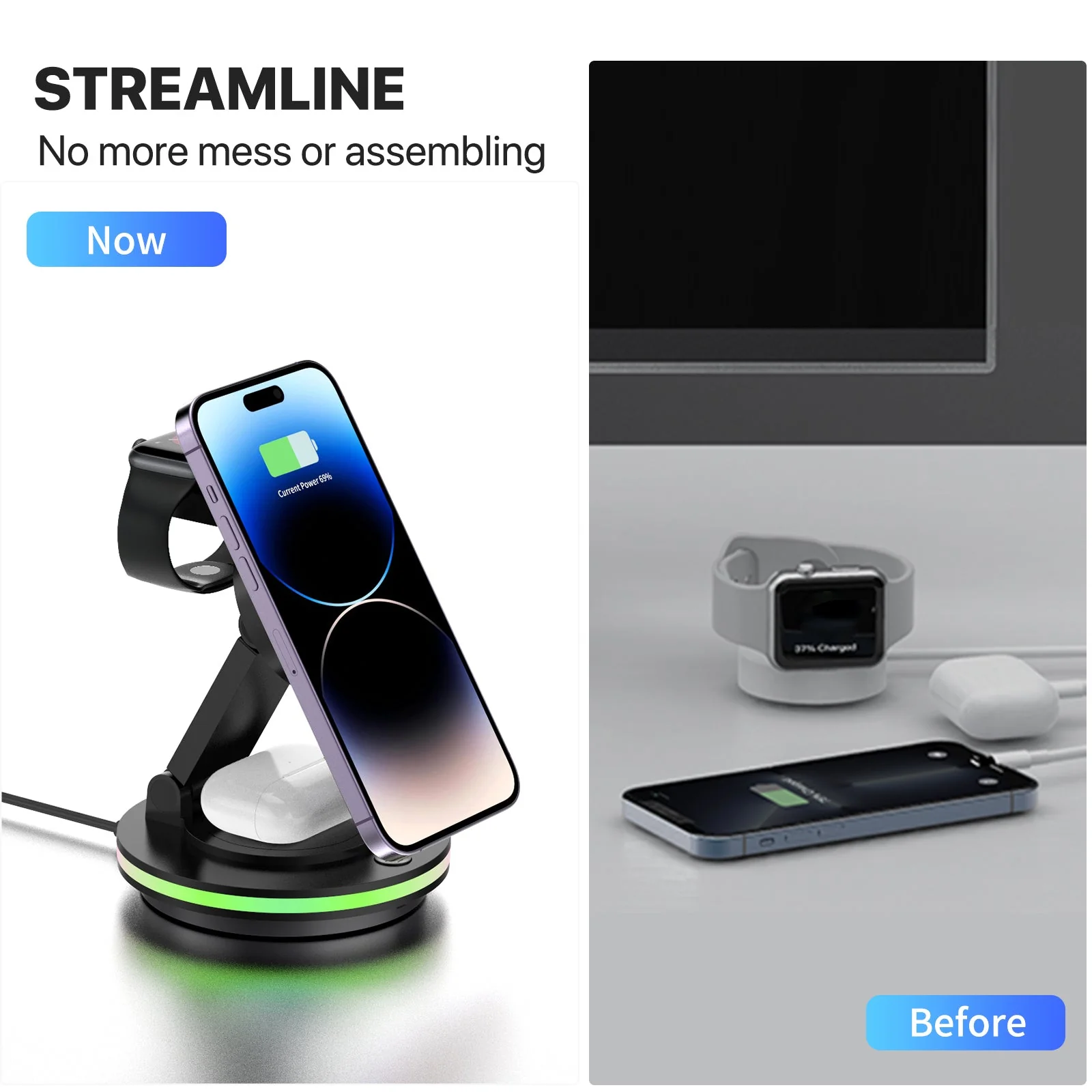 Foldable 4-in-1 Magnetic Wireless Charging Station with 7-Color Night Light for iPhone, Apple Watch & AirPods - Image 2