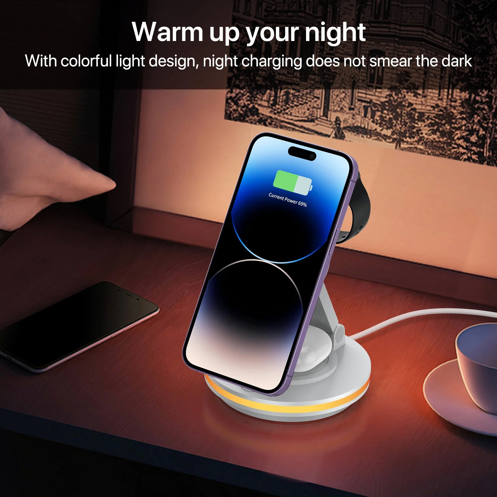 Foldable 4-in-1 Magnetic Wireless Charging Station with 7-Color Night Light for iPhone, Apple Watch & AirPods - Image 20