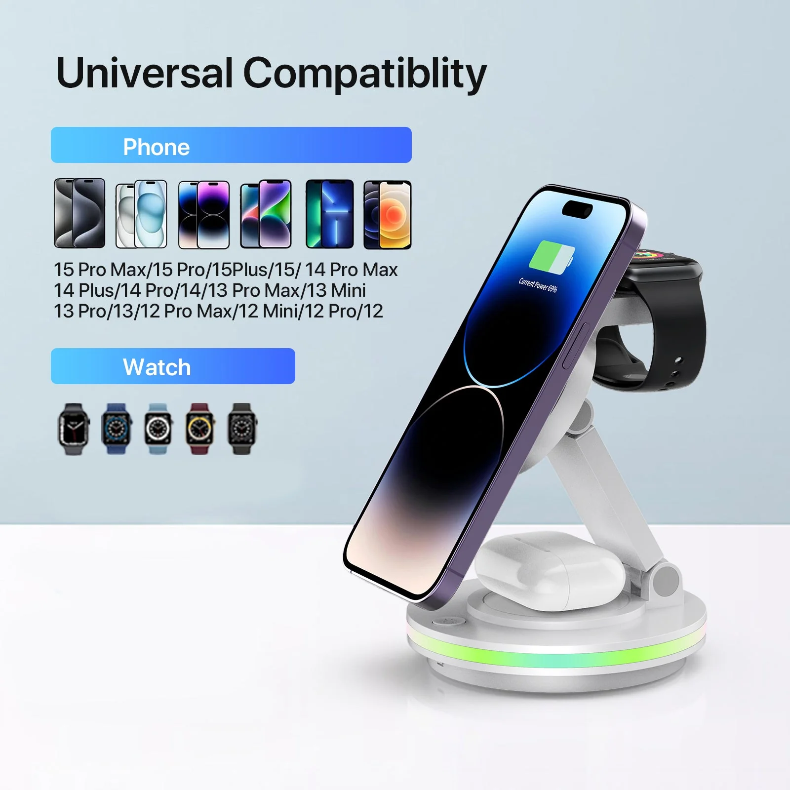Foldable 4-in-1 Magnetic Wireless Charging Station with 7-Color Night Light for iPhone, Apple Watch & AirPods - Image 29