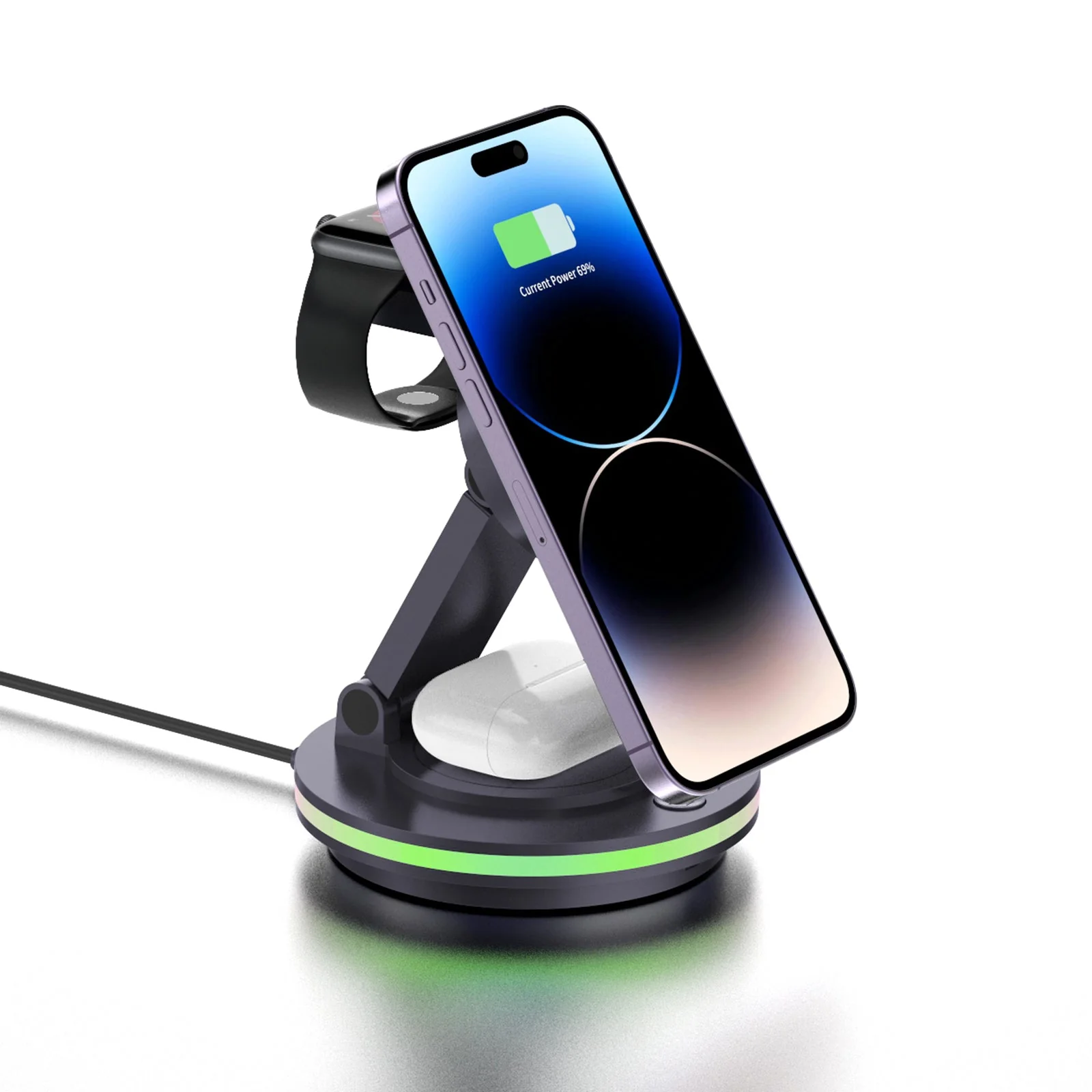 Foldable 4-in-1 Magnetic Wireless Charging Station with 7-Color Night Light for iPhone, Apple Watch & AirPods - Image 3