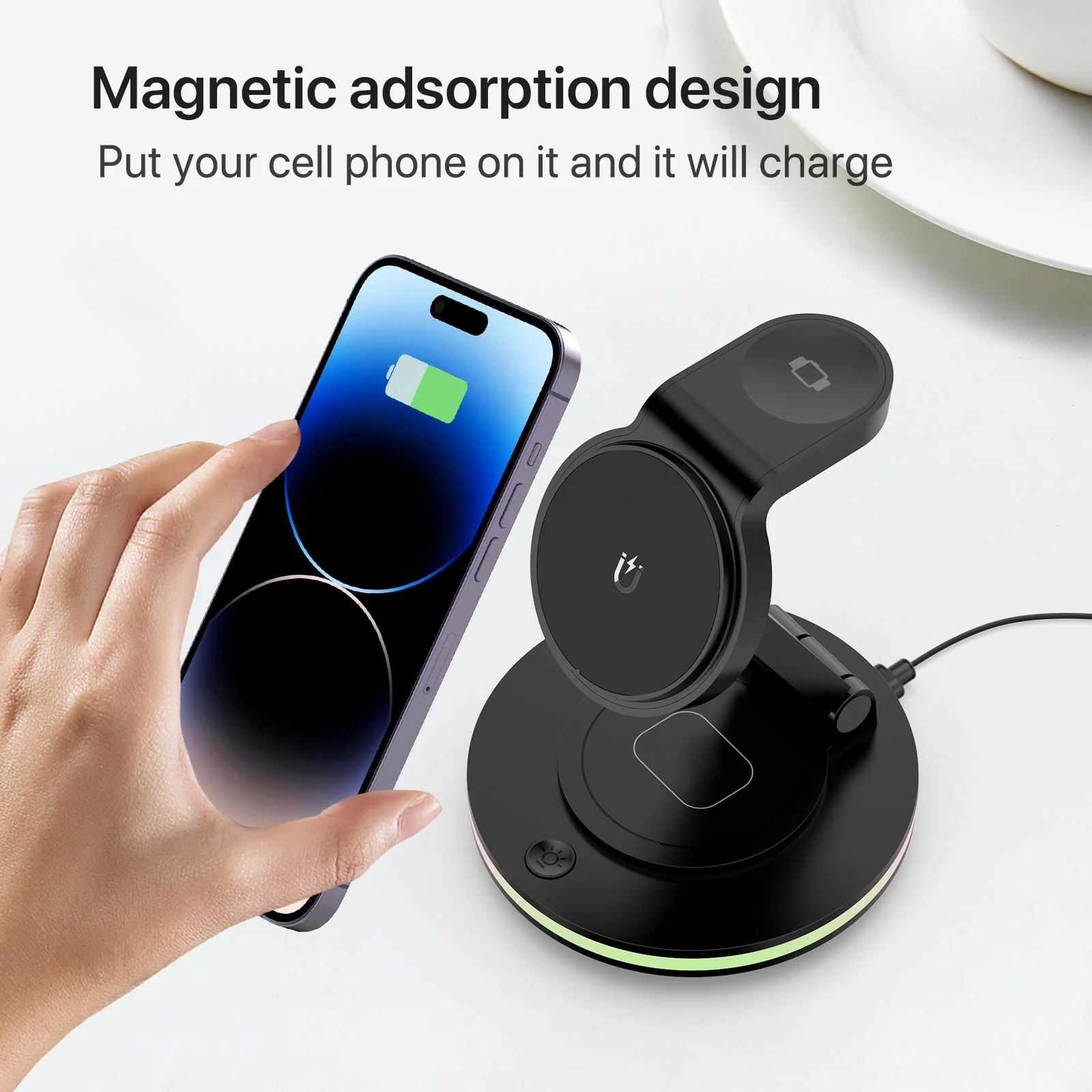 Foldable 4-in-1 Magnetic Wireless Charging Station with 7-Color Night Light for iPhone, Apple Watch & AirPods - Image 5