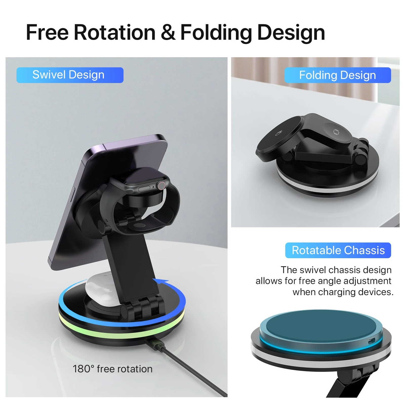 Foldable 4-in-1 Magnetic Wireless Charging Station with 7-Color Night Light for iPhone, Apple Watch & AirPods - Image 6