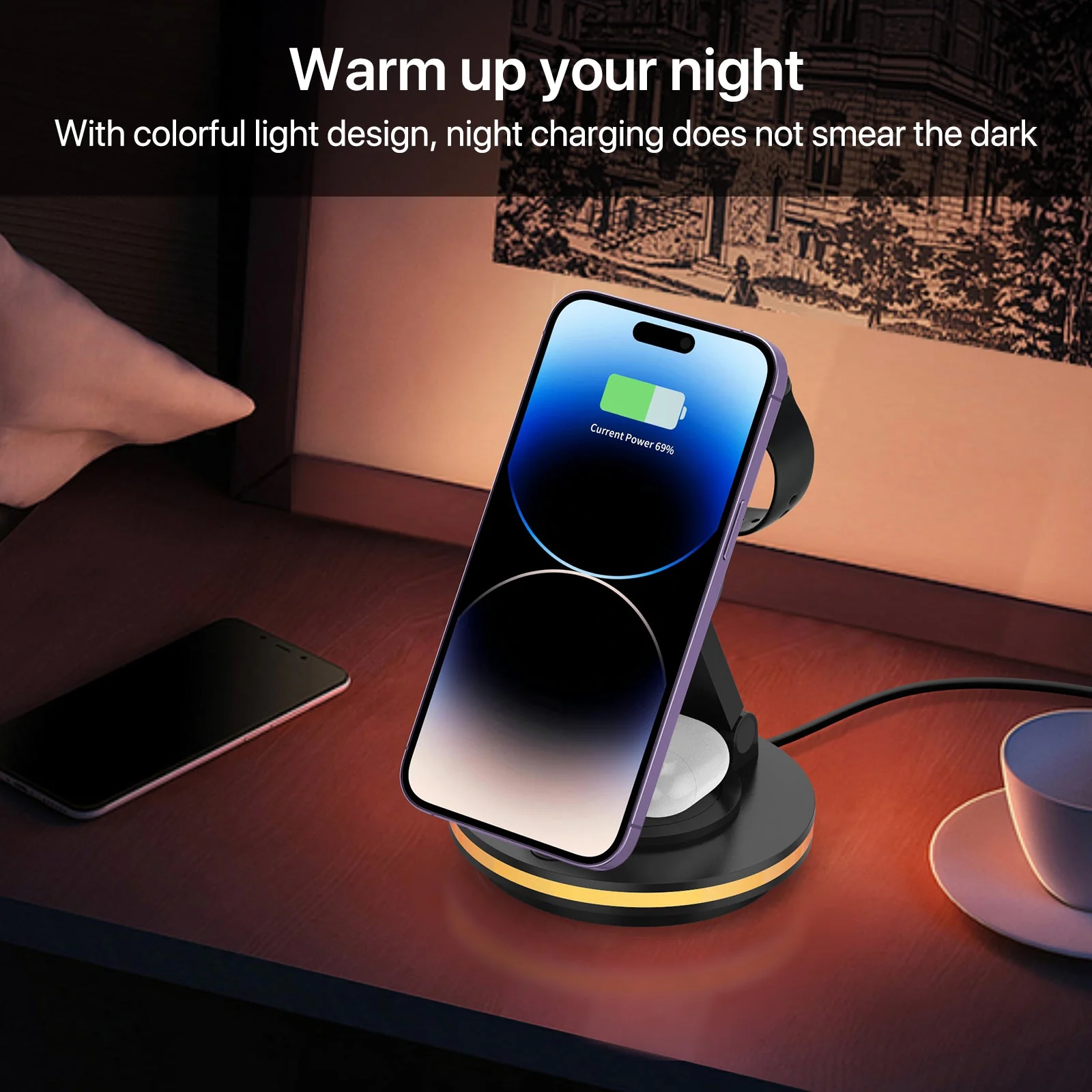 Foldable 4-in-1 Magnetic Wireless Charging Station with 7-Color Night Light for iPhone, Apple Watch & AirPods - Image 7