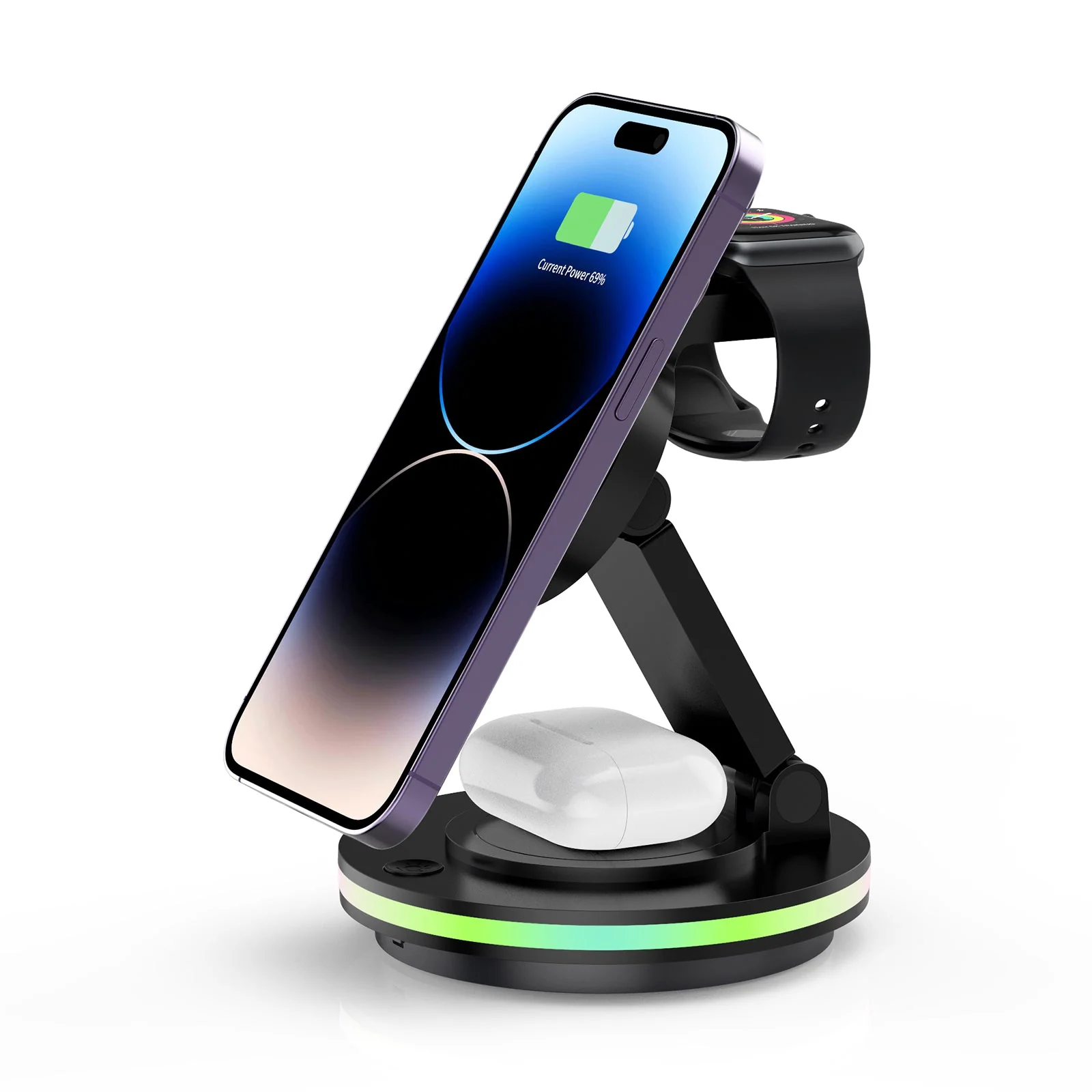 Foldable 4-in-1 Magnetic Wireless Charging Station with 7-Color Night Light for iPhone, Apple Watch & AirPods - Image 8