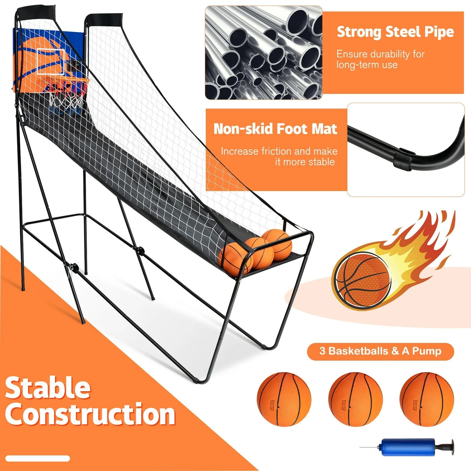 Foldable Single Shot Basketball Arcade Game with Electronic Scorer and Basketballs - Image 7