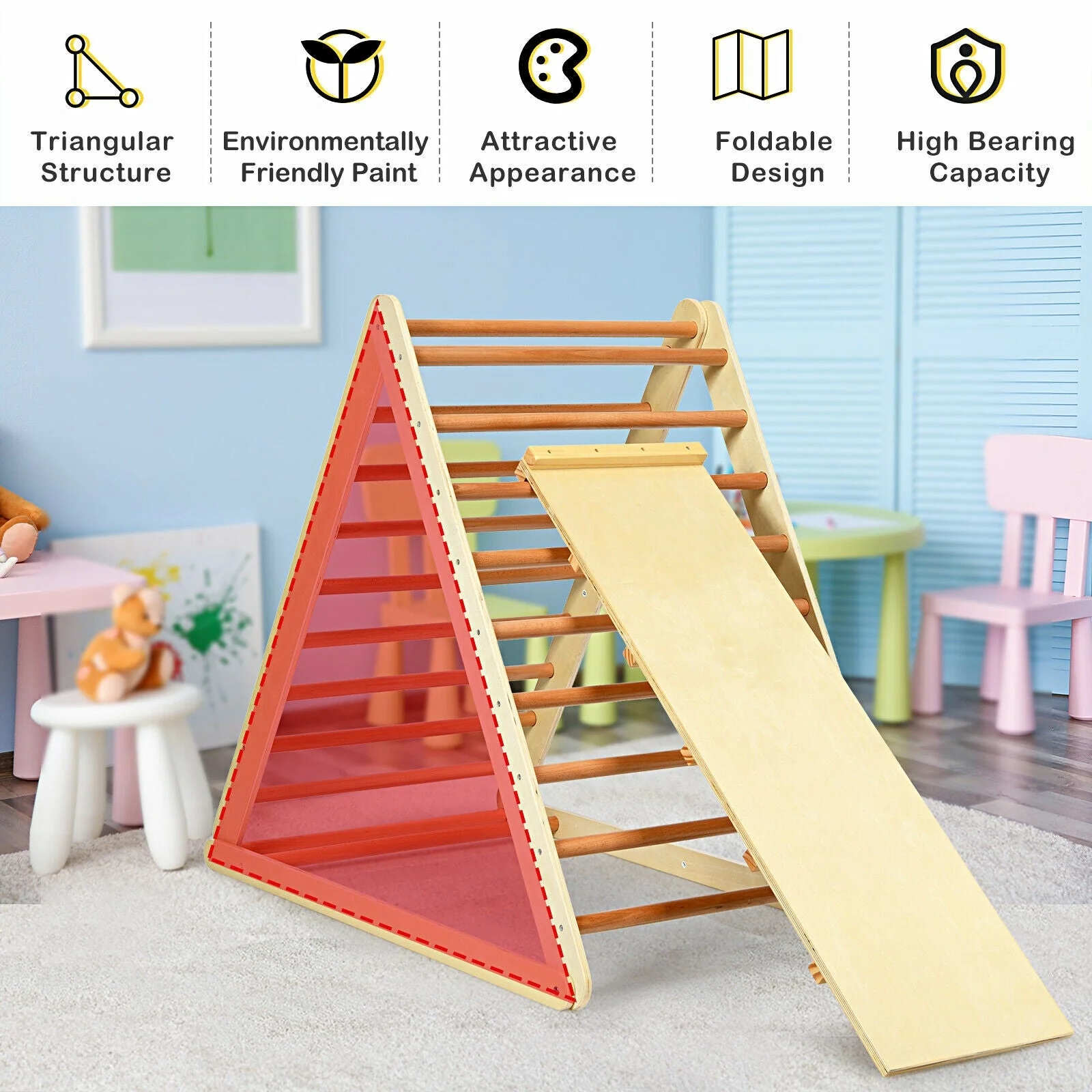Foldable Wooden Climbing Triangle Indoor with Ladder for Toddler Baby-Natural - Image 2