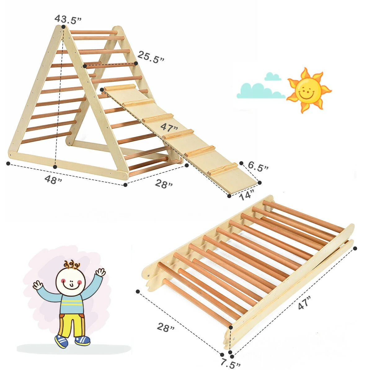 Foldable Wooden Climbing Triangle Indoor with Ladder for Toddler Baby-Natural - Image 4