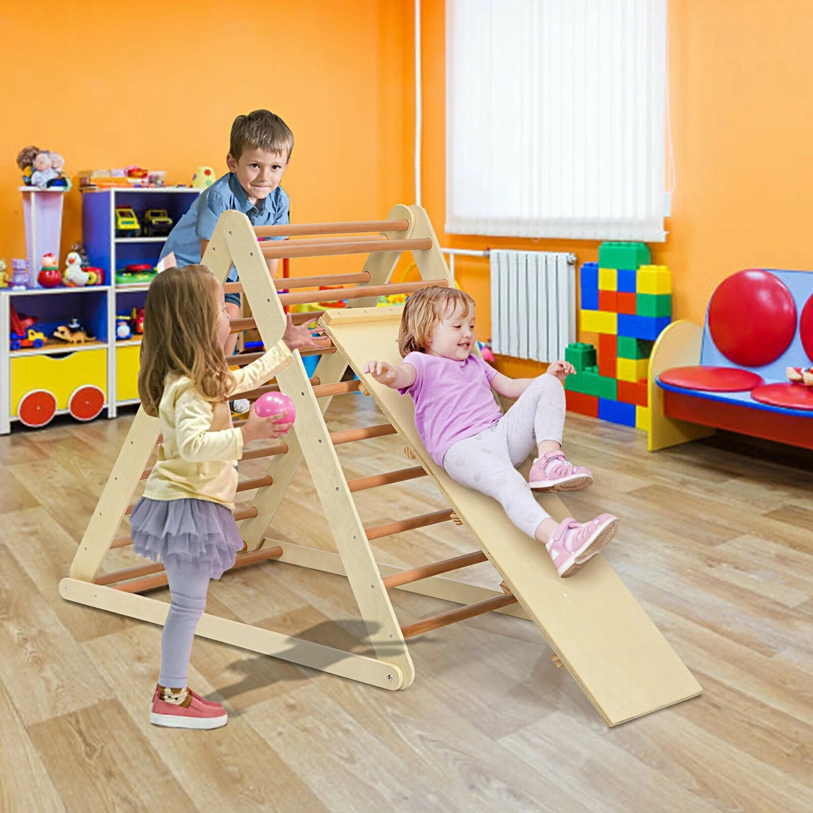 Foldable Wooden Climbing Triangle Indoor with Ladder for Toddler Baby-Natural - Image 6