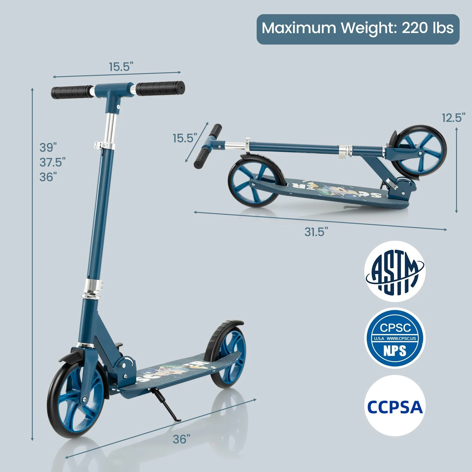 Folding Aluminum Alloy Scooter with 3 Adjustable Heights-Blue - Image 5