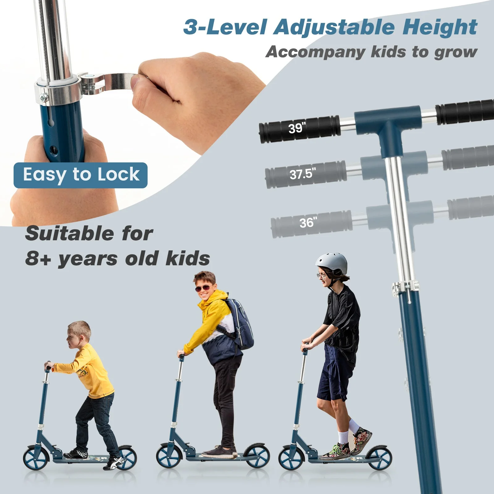 Folding Aluminum Alloy Scooter with 3 Adjustable Heights-Blue - Image 6