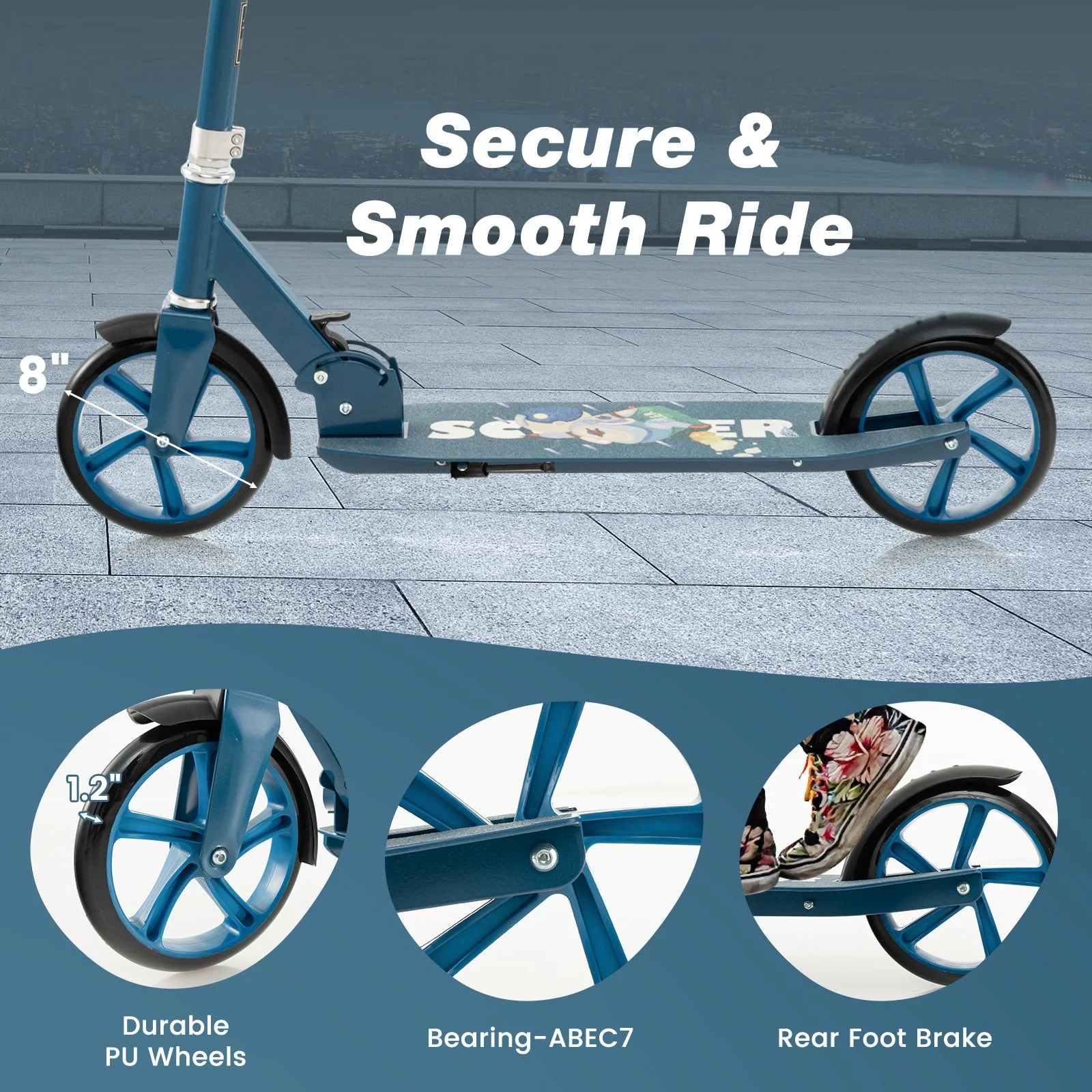 Folding Aluminum Alloy Scooter with 3 Adjustable Heights-Blue - Image 8