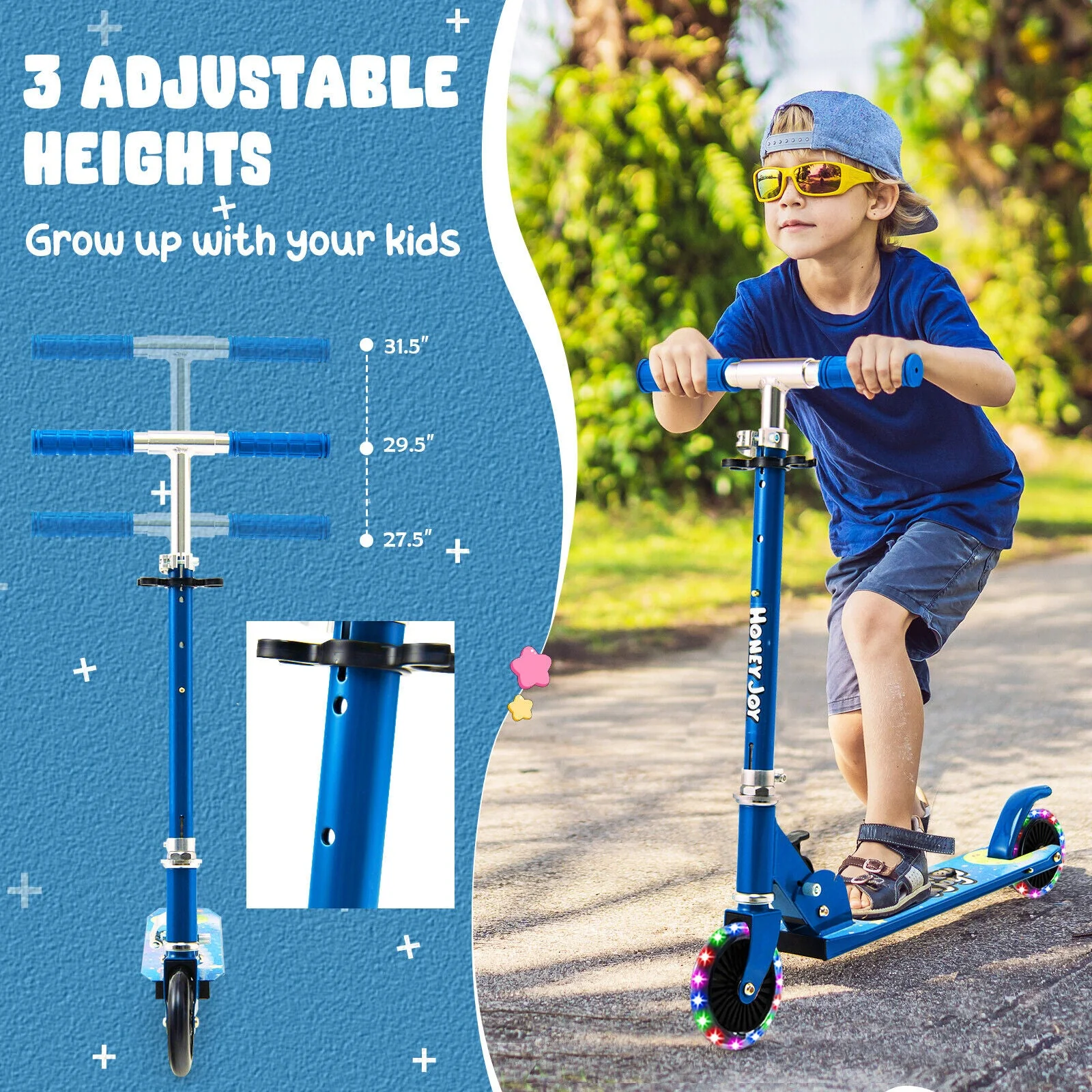 Folding Kick Scooter with 3 Adjustable Heights for Kids-Blue - Image 5