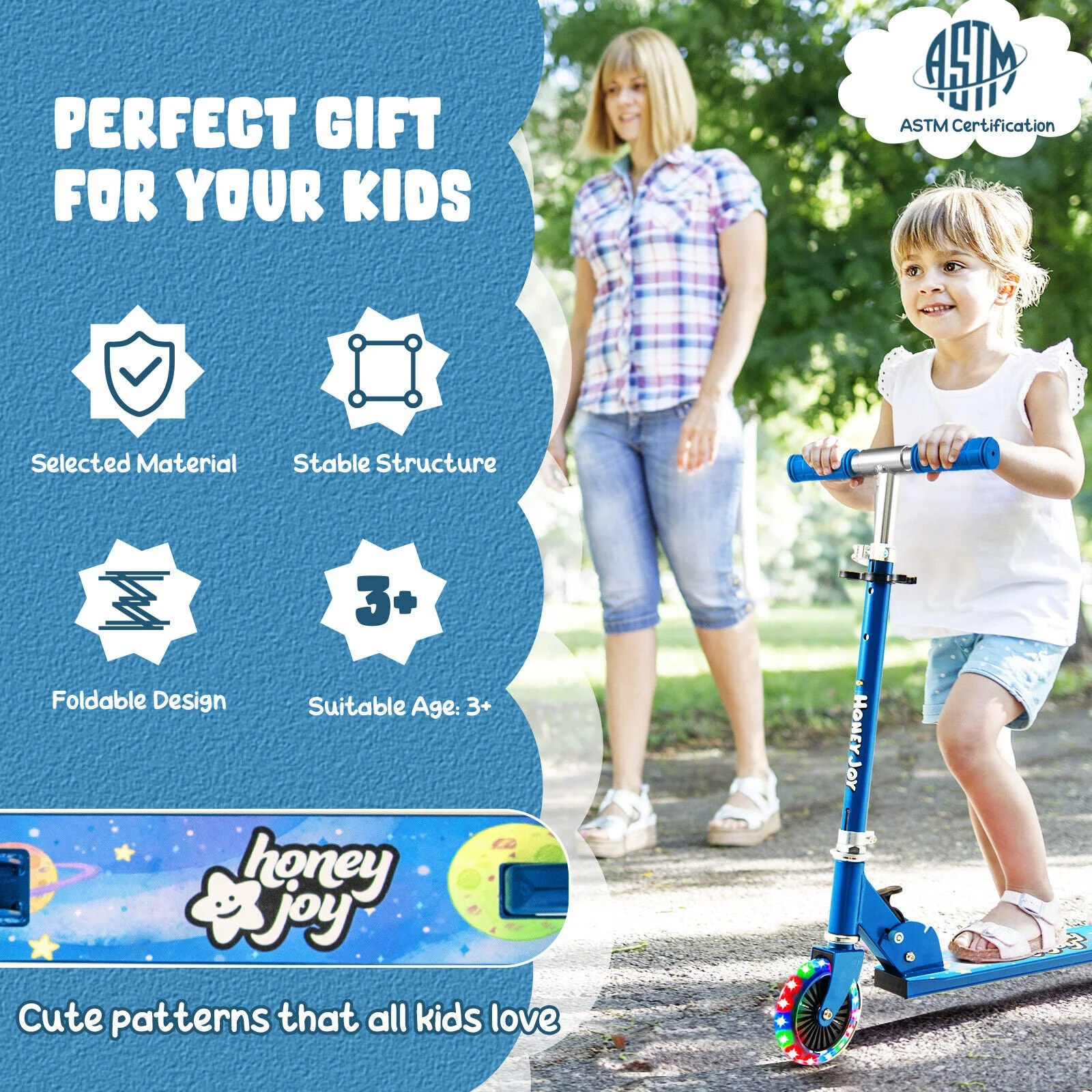 Folding Kick Scooter with 3 Adjustable Heights for Kids-Blue - Image 7