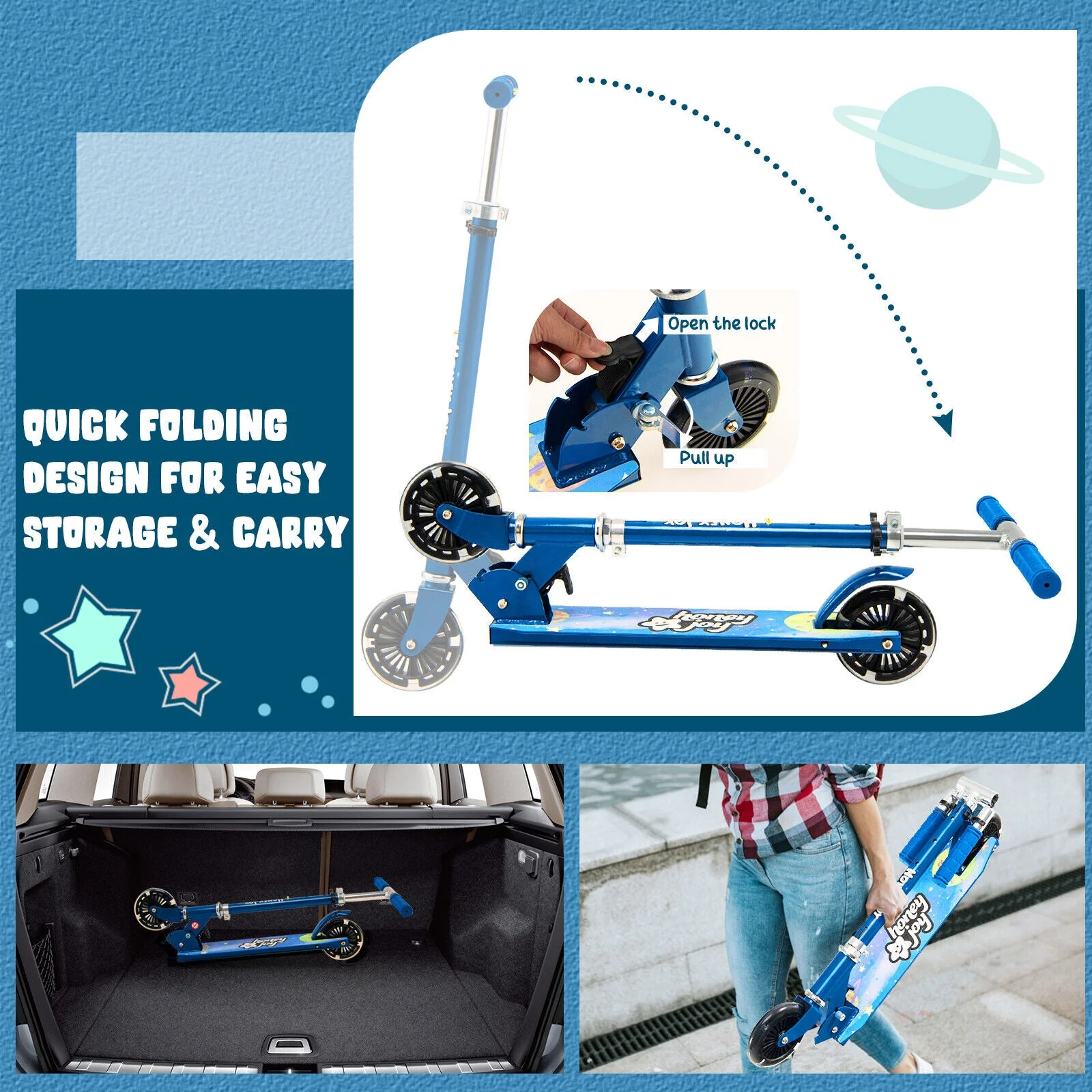 Folding Kick Scooter with 3 Adjustable Heights for Kids-Blue - Image 8