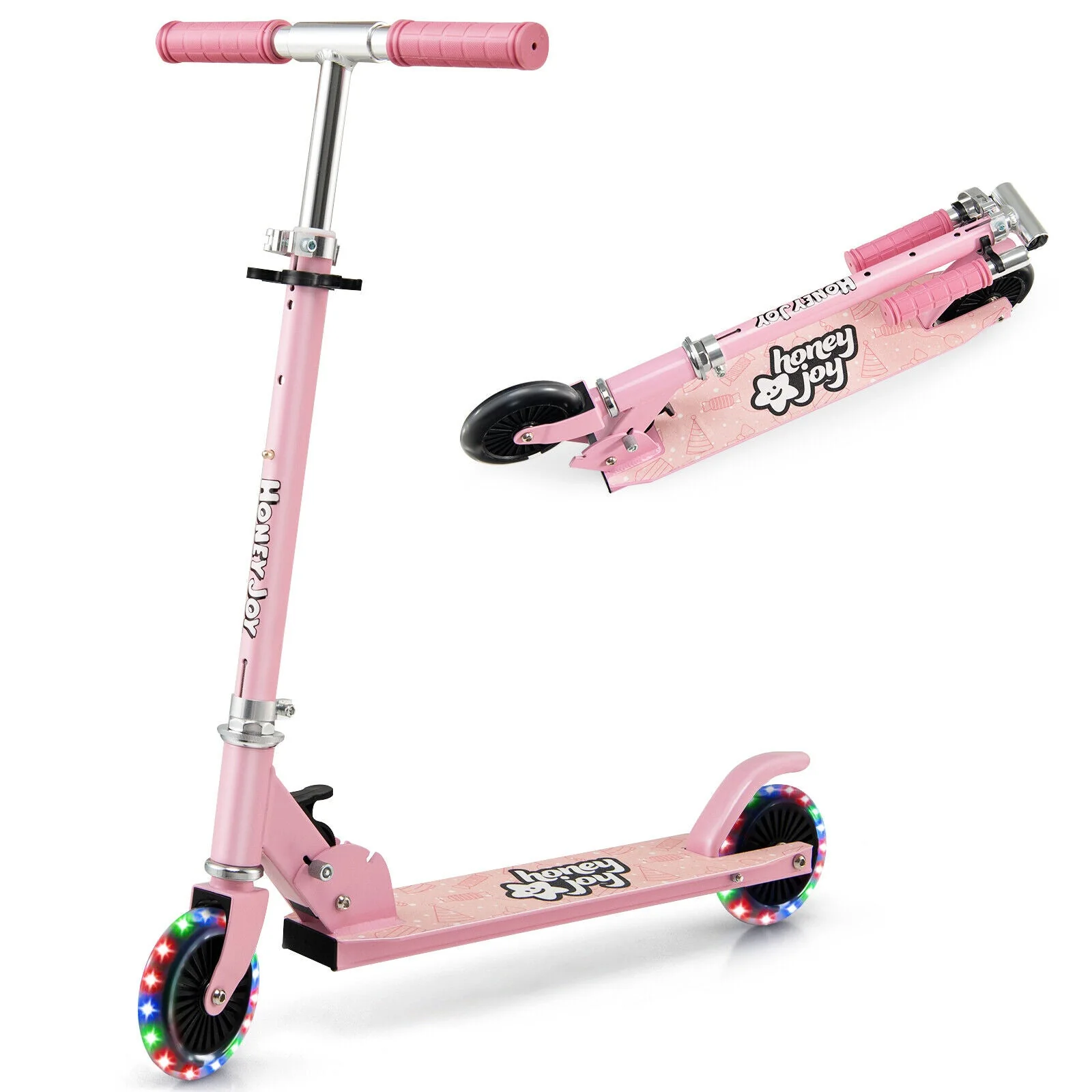 Folding Kick Scooter with 3 Adjustable Heights for Kids-Pink - Image 4