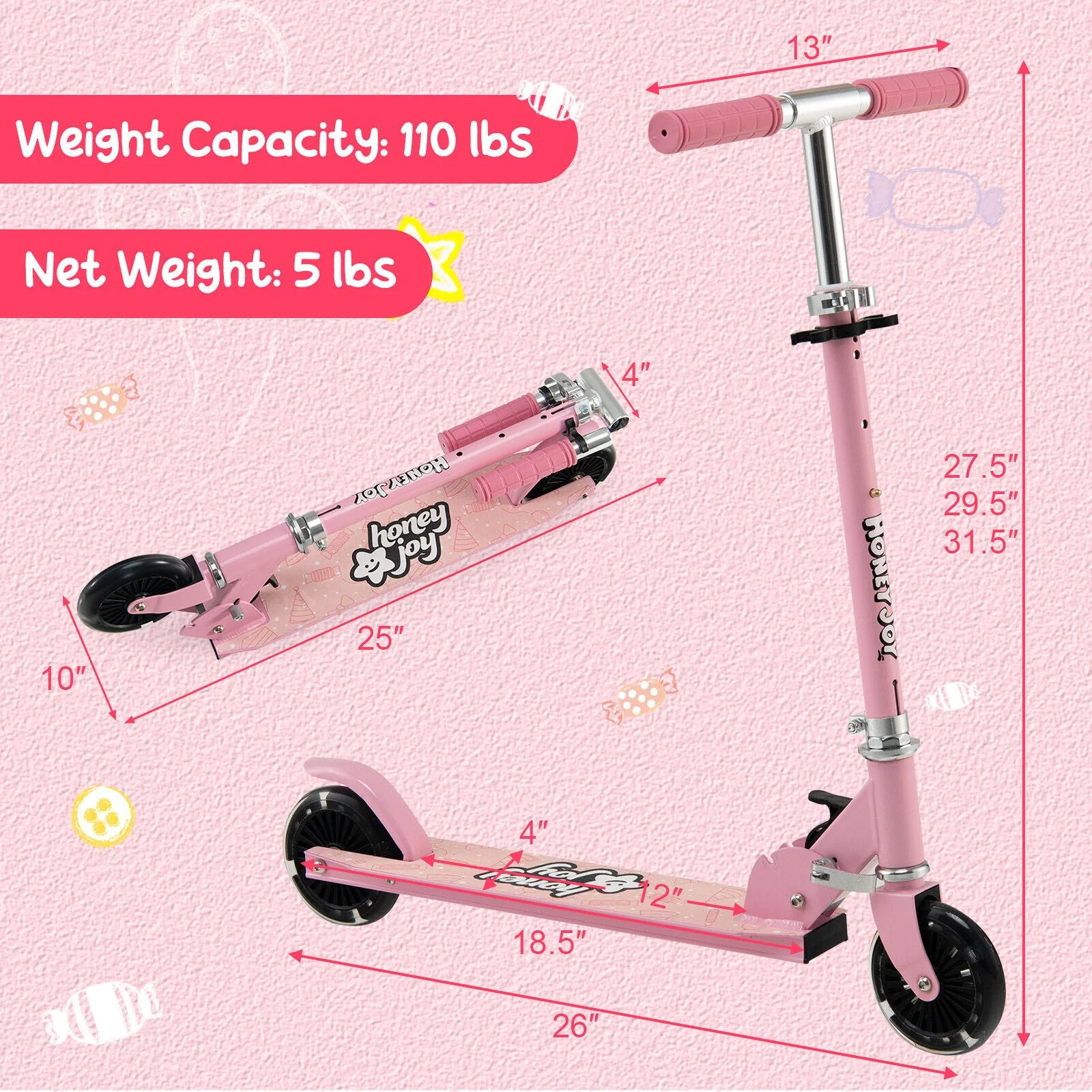 Folding Kick Scooter with 3 Adjustable Heights for Kids-Pink - Image 5