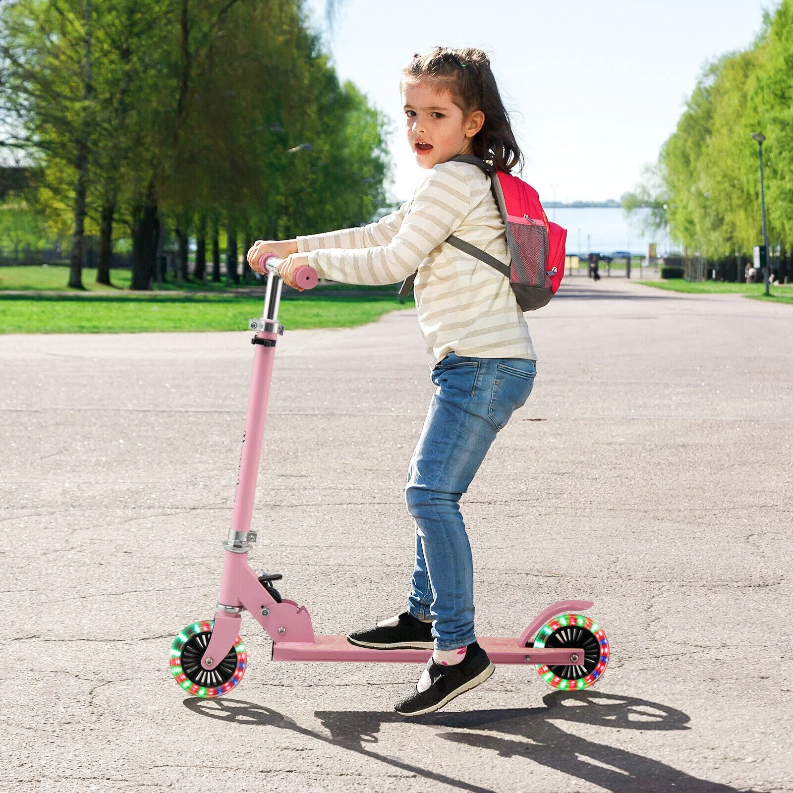 Folding Kick Scooter with 3 Adjustable Heights for Kids-Pink - Image 6