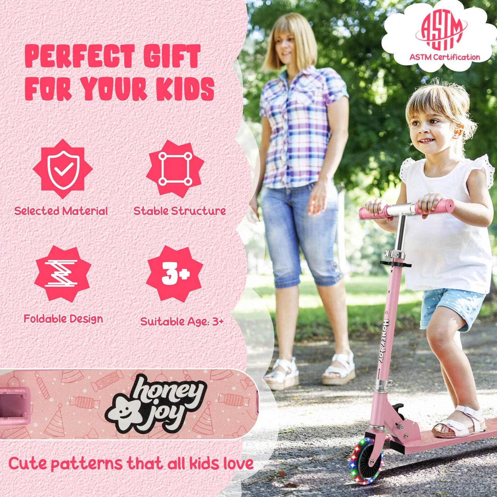 Folding Kick Scooter with 3 Adjustable Heights for Kids-Pink - Image 7