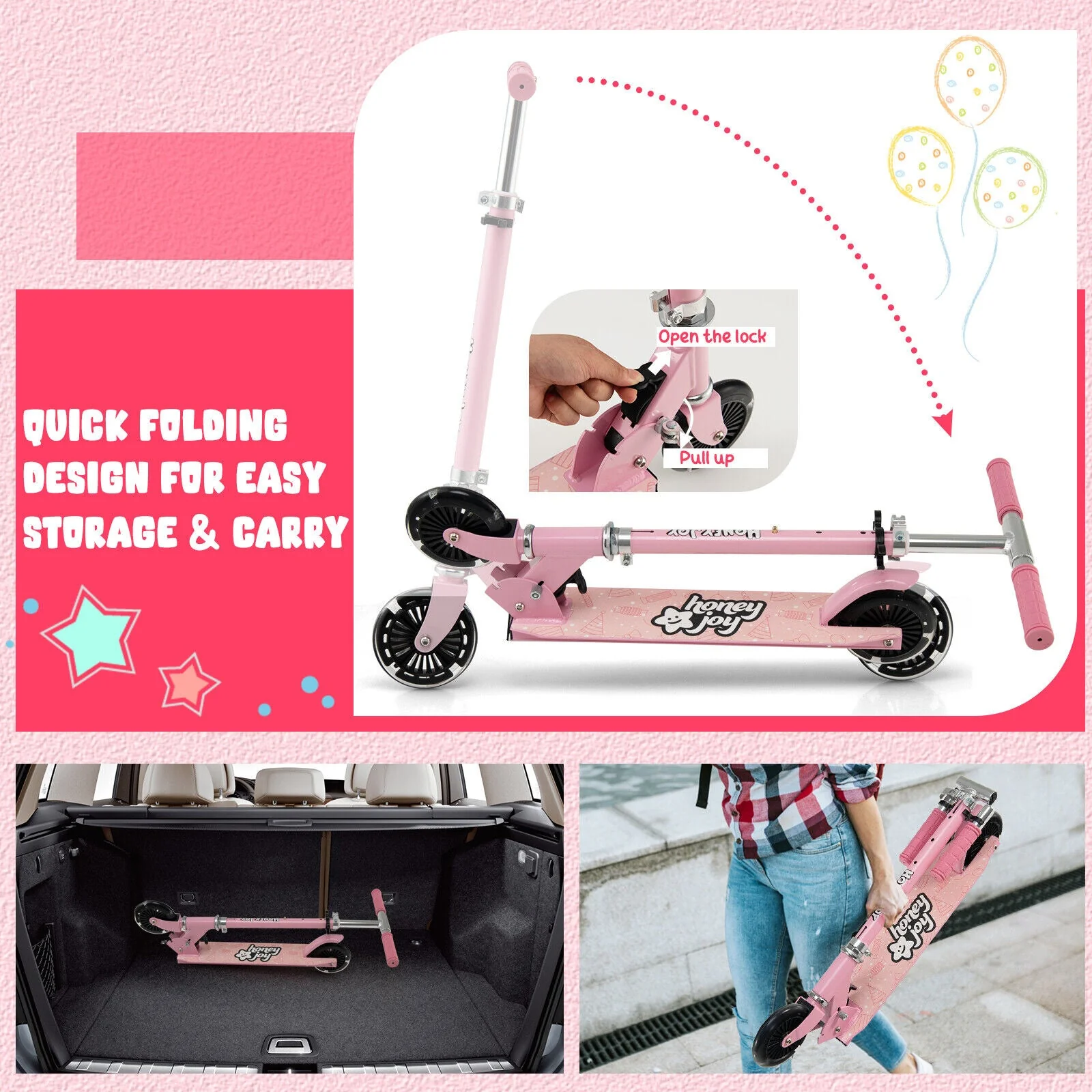 Folding Kick Scooter with 3 Adjustable Heights for Kids-Pink - Image 8