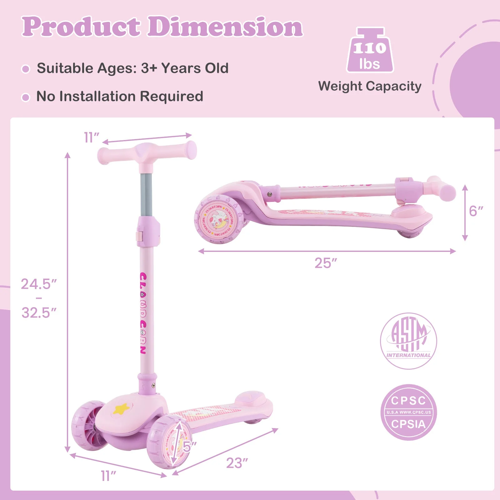Folding Kids Scooter with Extra Wide Deck and LED Lighted PU Wheels-Purple - Image 5