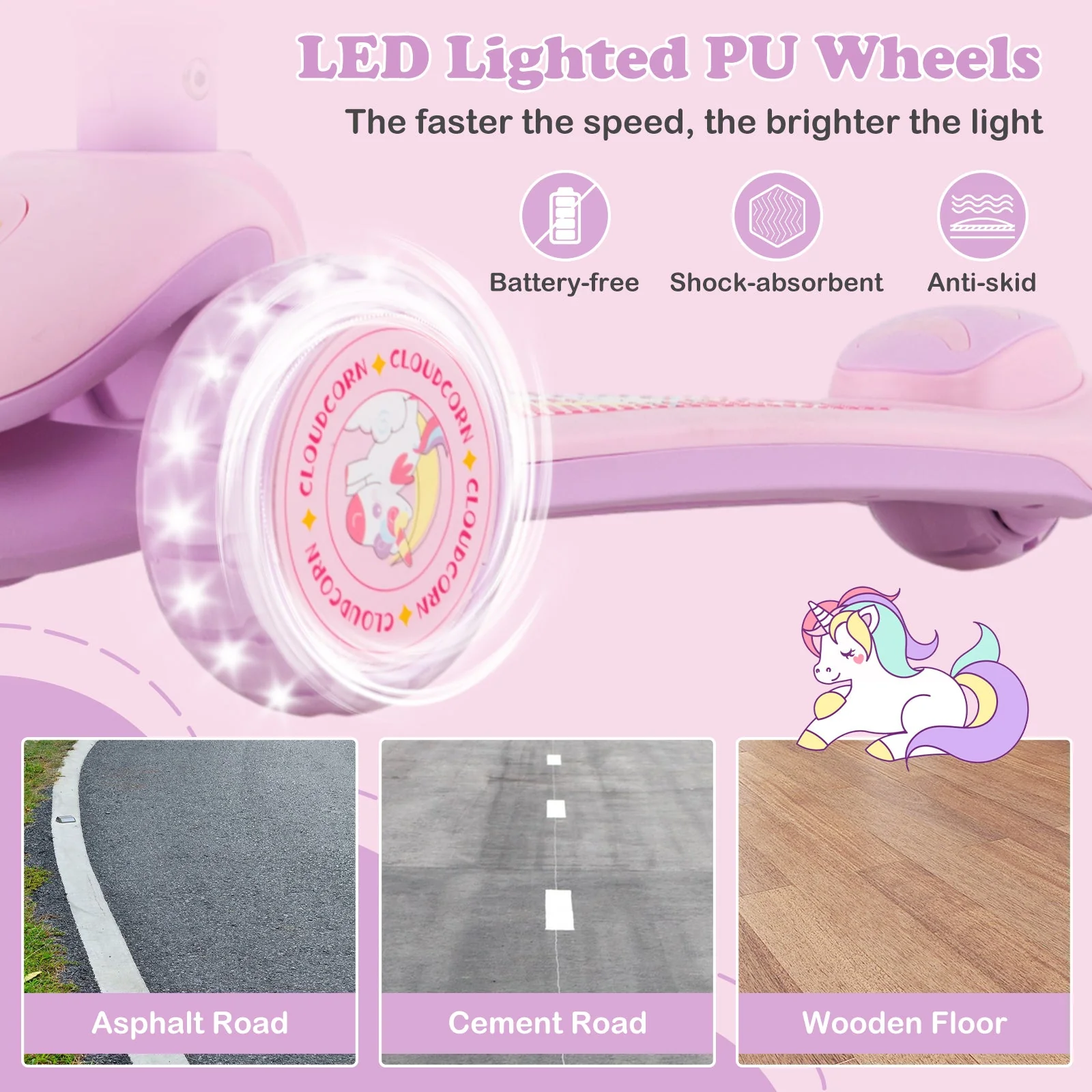 Folding Kids Scooter with Extra Wide Deck and LED Lighted PU Wheels-Purple - Image 7