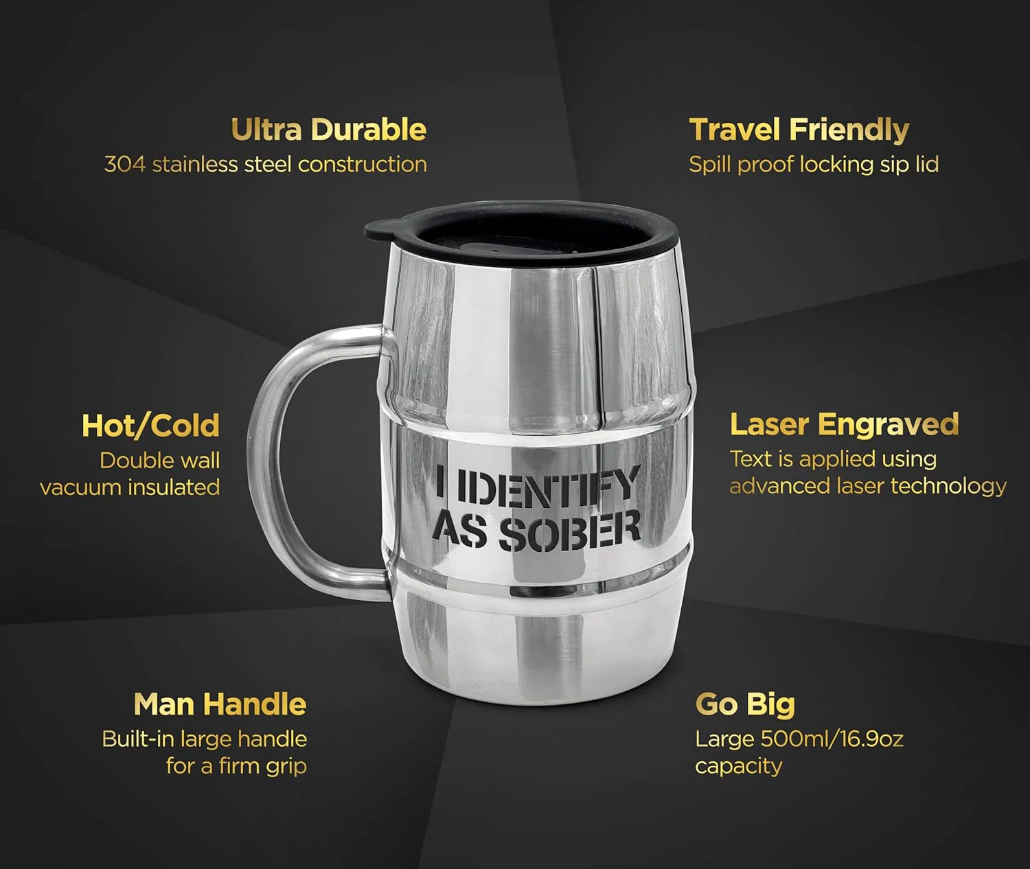 Funny Beer Gift Stainless Steel Insulated Beer Mug with Handle and Sip Lid (For Christmas/Birthday/Fathers Day) I Identify As Sober - Image 2