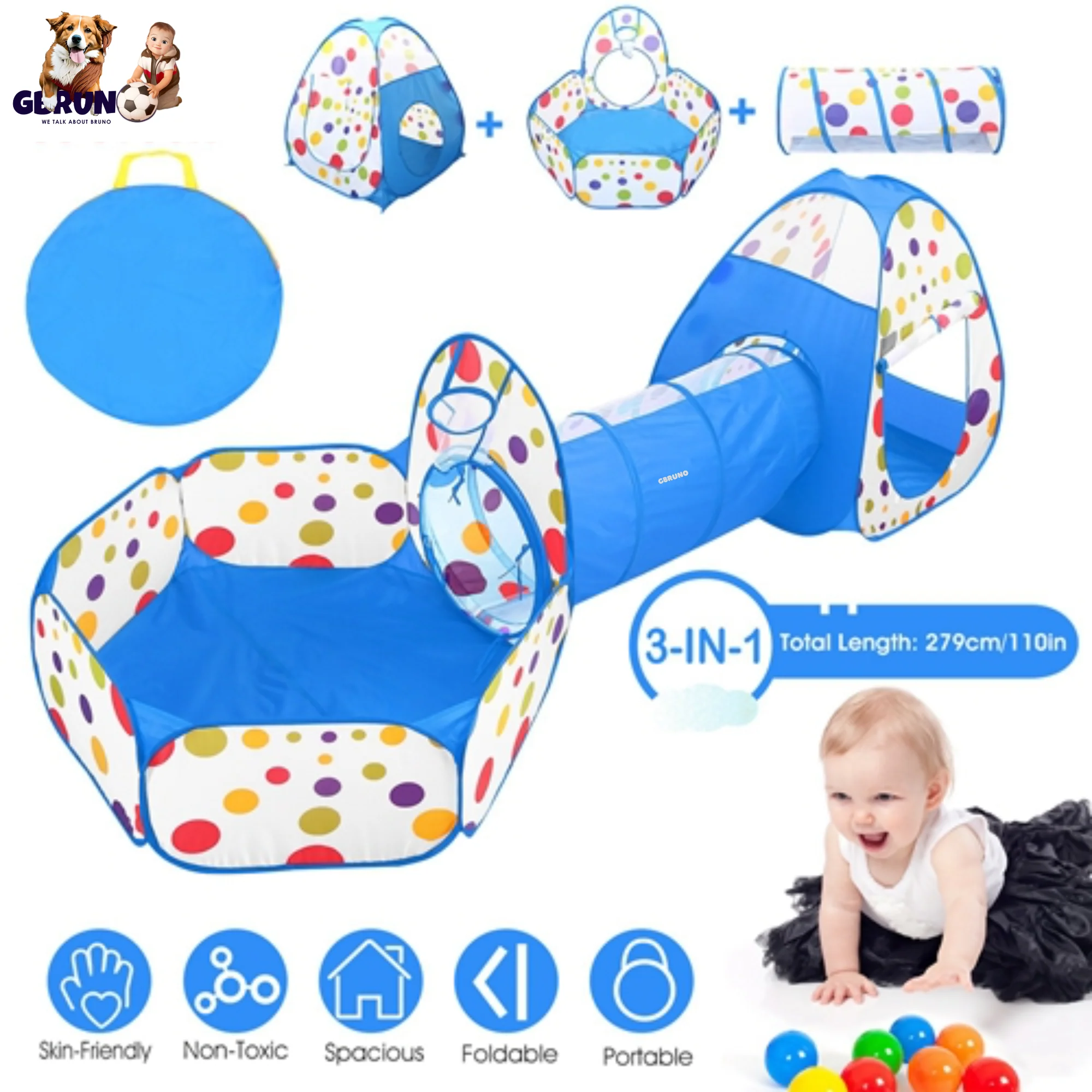 GBruno 3 In 1 Child Crawl Tunnel Tent - Image 2