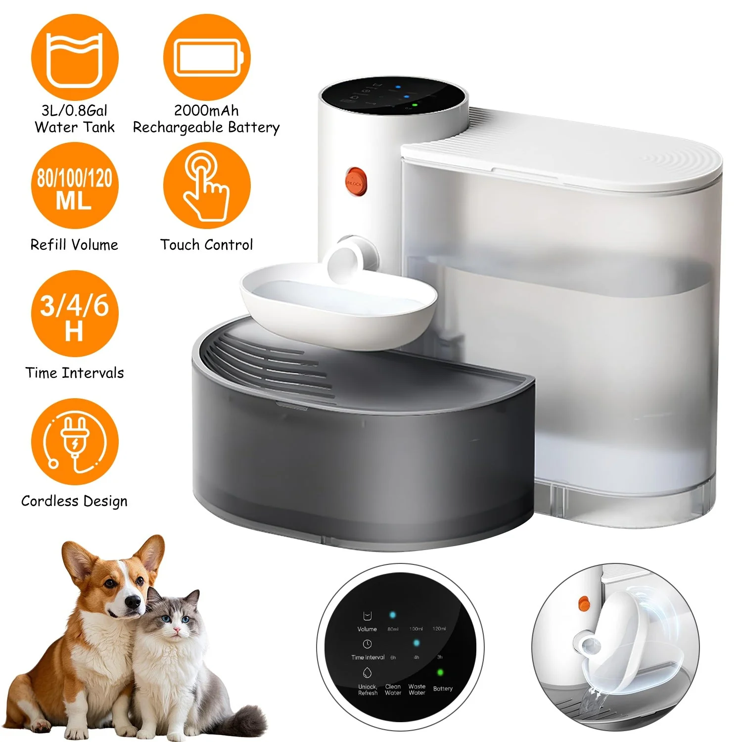GBruno 3L Cordless Pet Water Fountain with Timer - Image 2