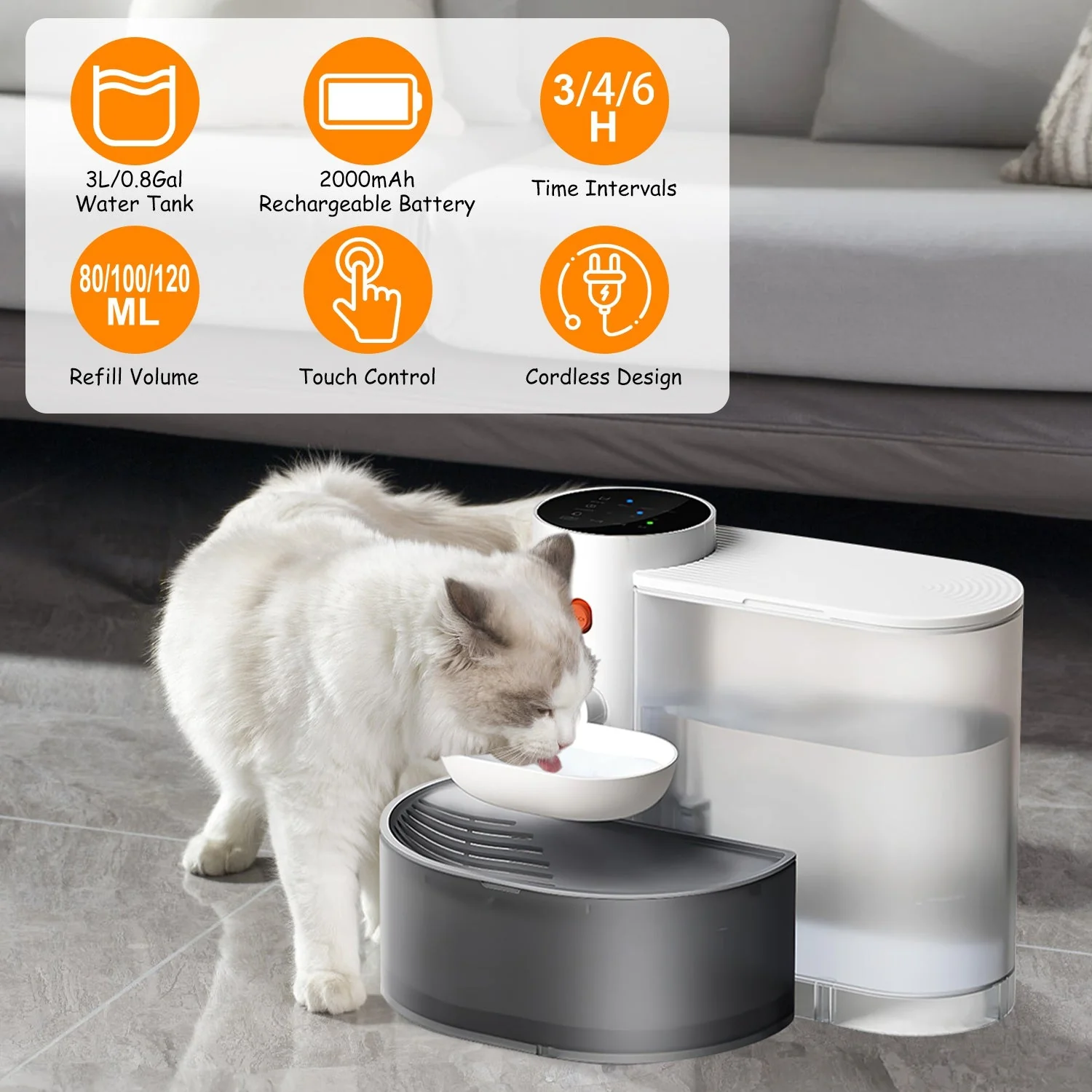 GBruno 3L Cordless Pet Water Fountain with Timer - Image 3