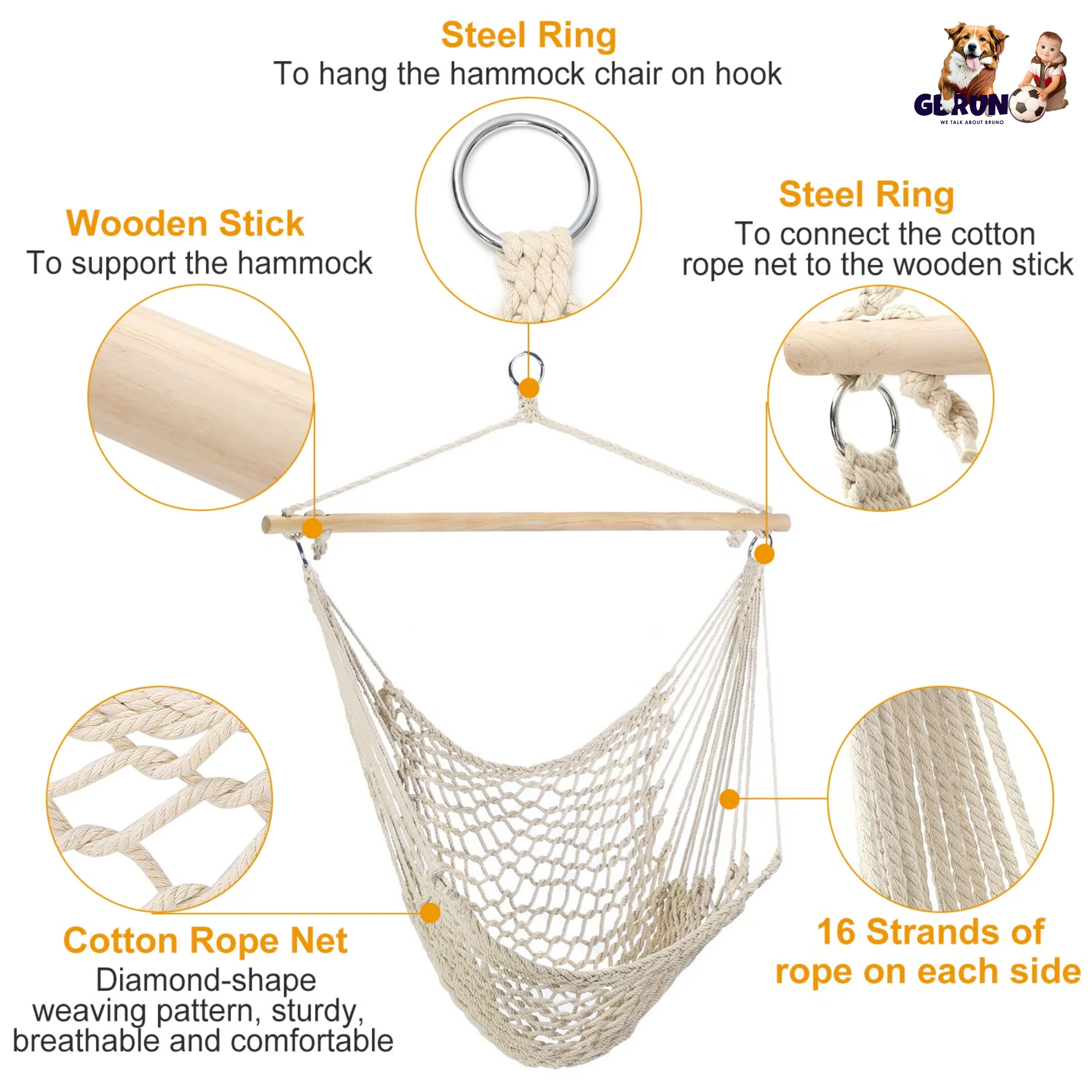 GBruno Hammock Chair Hanging Rope Seat - Image 3