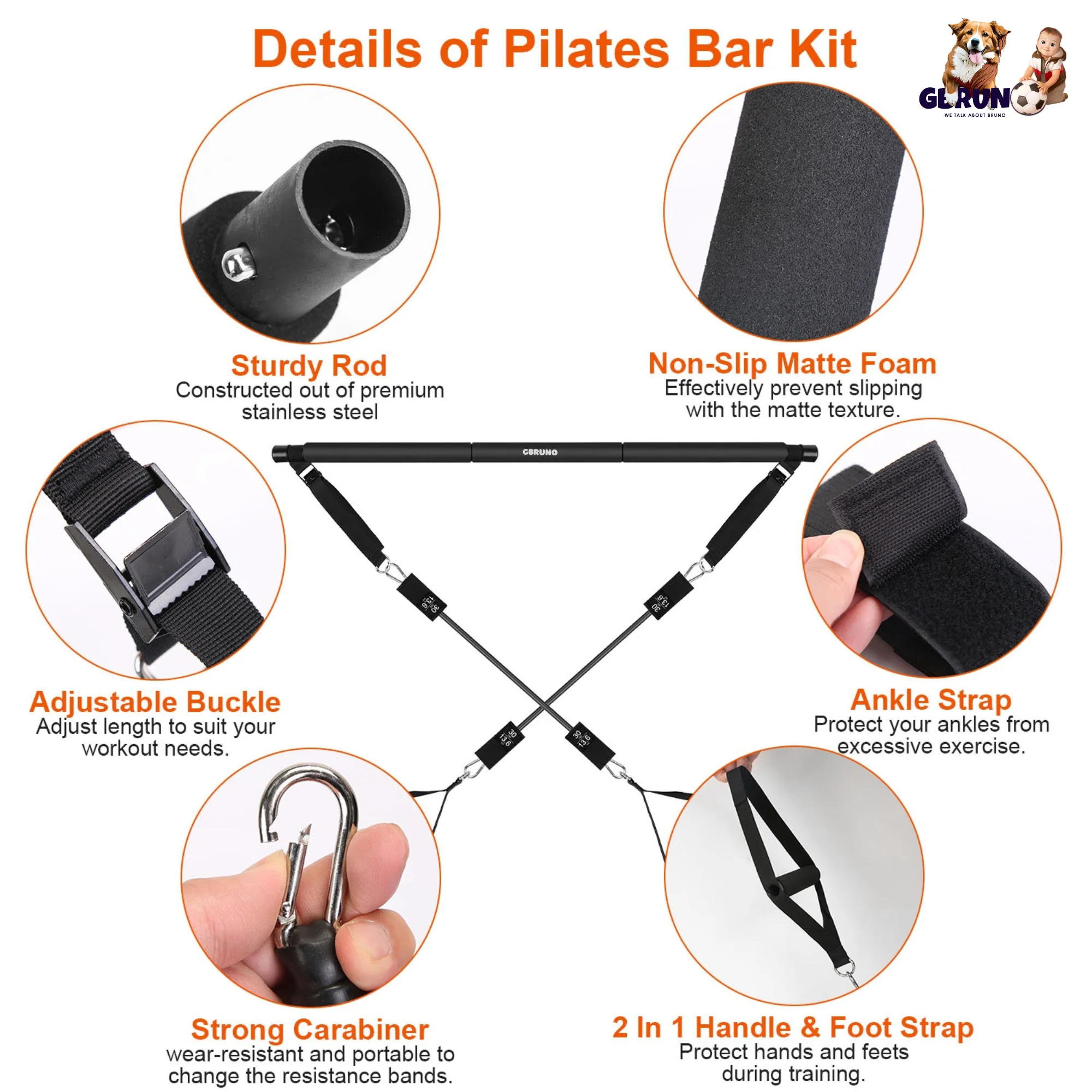 GBruno Pilates Bar Kit with 180LBS Resistance Bands - Image 4