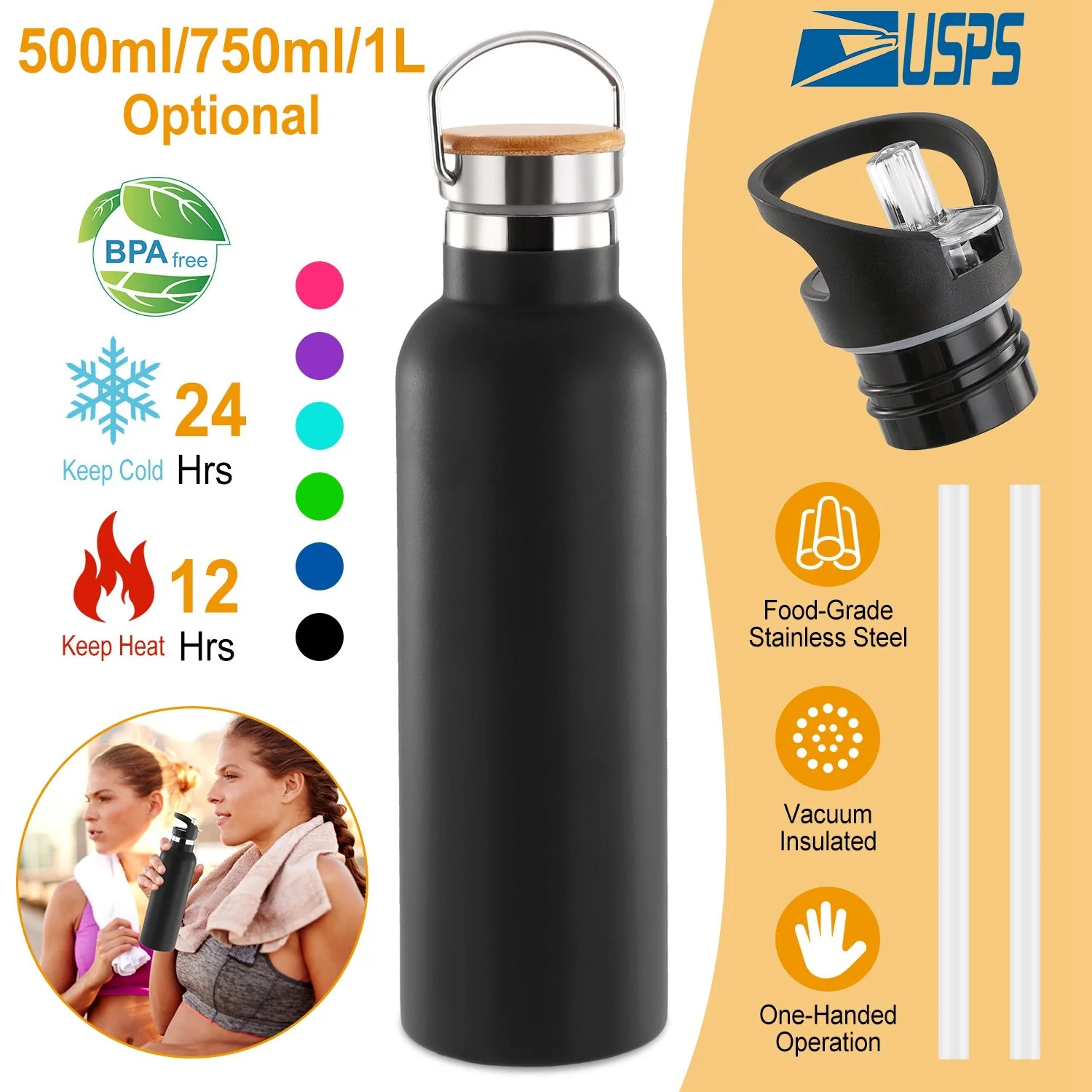 GBruno Sports Water Bottle Stainless Steel - Image 2