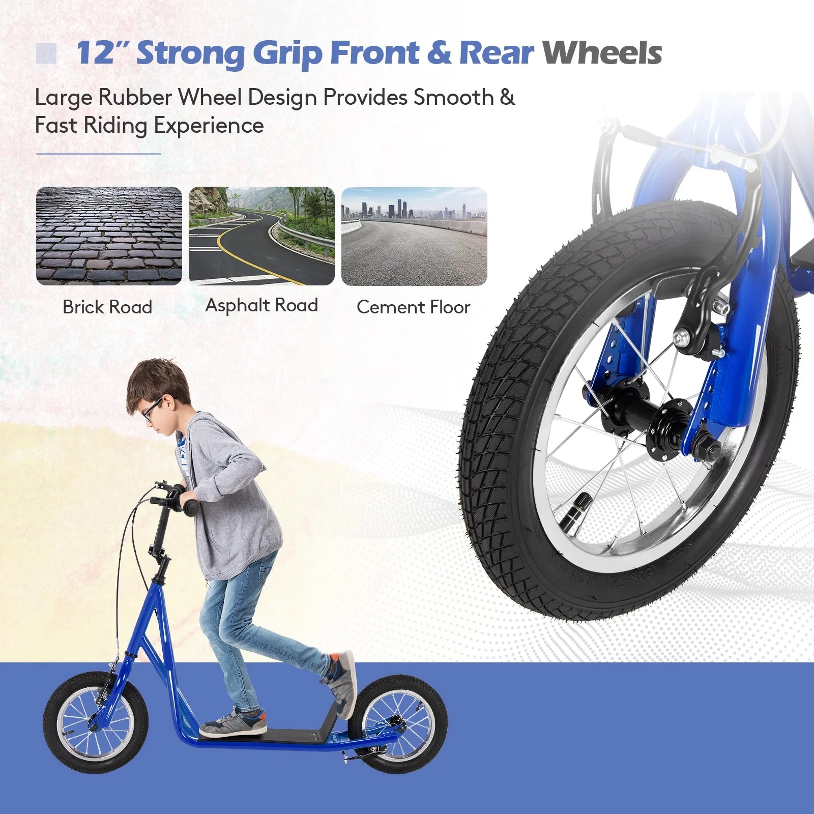 Height Adjustable Kid Kick Scooter with 12 Inch Air Filled Wheel-Navy - Image 7