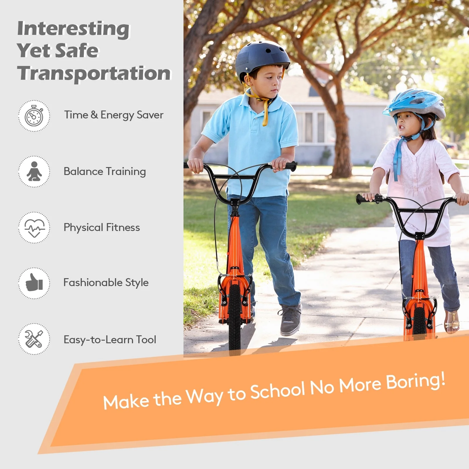 Height Adjustable Kid Kick Scooter with 12 Inch Air Filled Wheel-Orange - Image 2