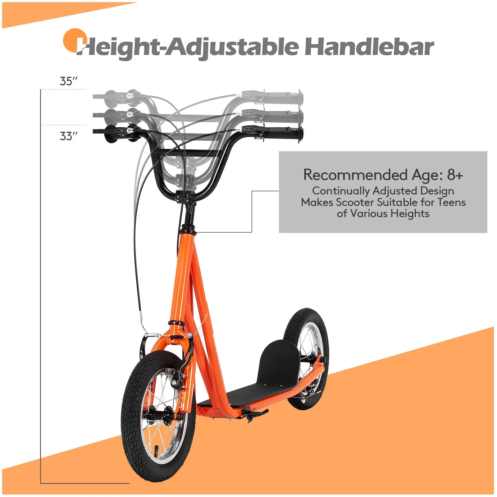 Height Adjustable Kid Kick Scooter with 12 Inch Air Filled Wheel-Orange - Image 4