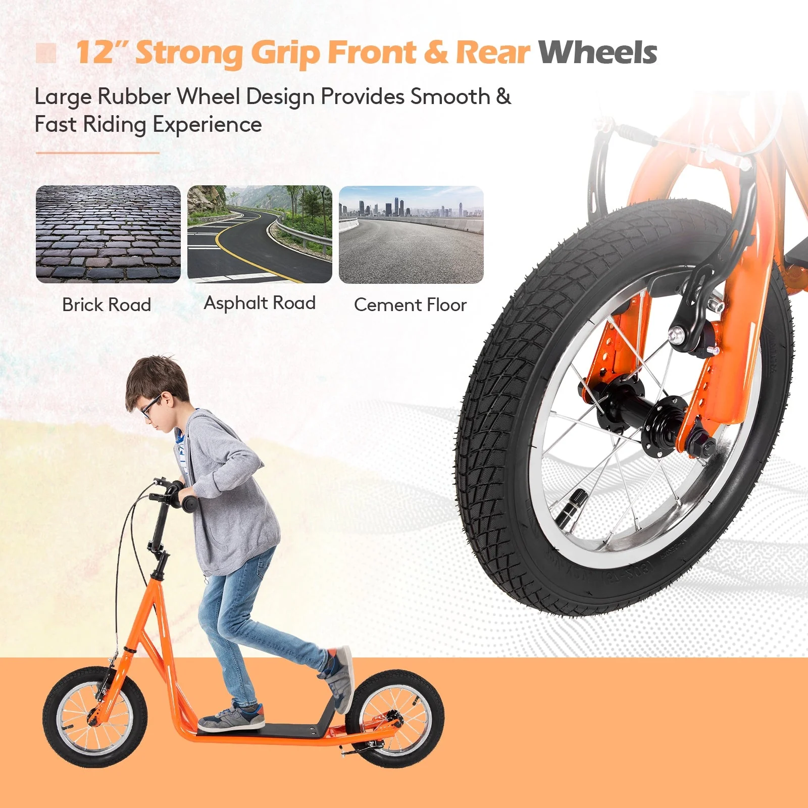 Height Adjustable Kid Kick Scooter with 12 Inch Air Filled Wheel-Orange - Image 5