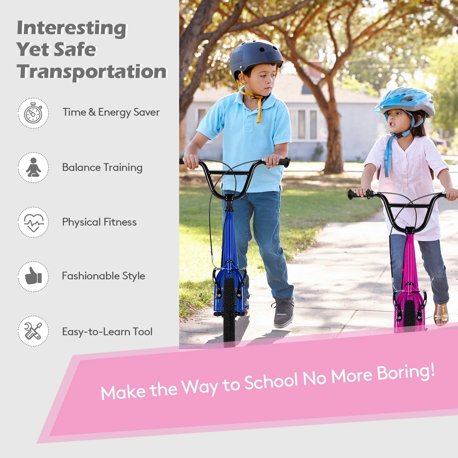Height Adjustable Kid Kick Scooter with 12 Inch Air Filled Wheel-Pink - Image 2