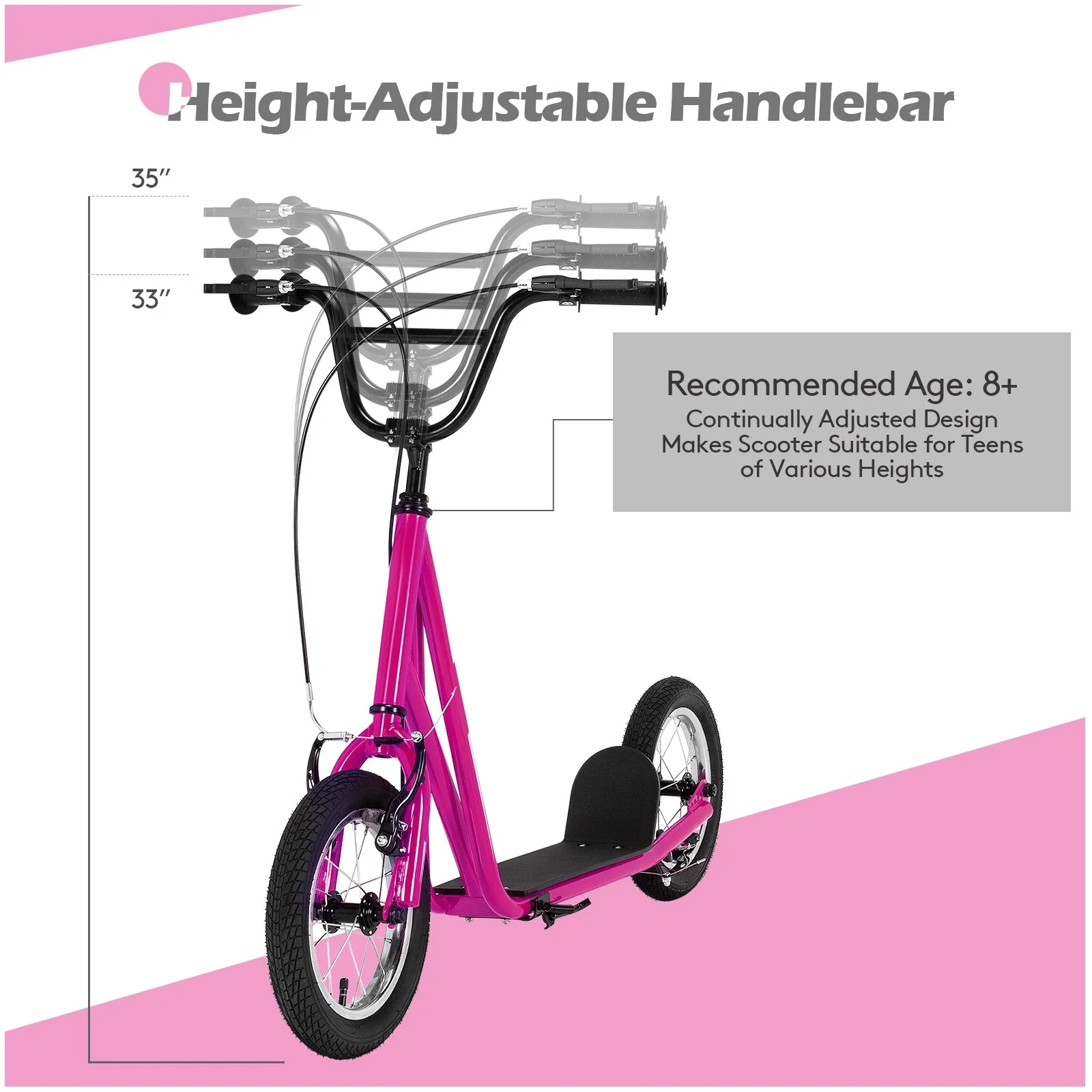 Height Adjustable Kid Kick Scooter with 12 Inch Air Filled Wheel-Pink - Image 4