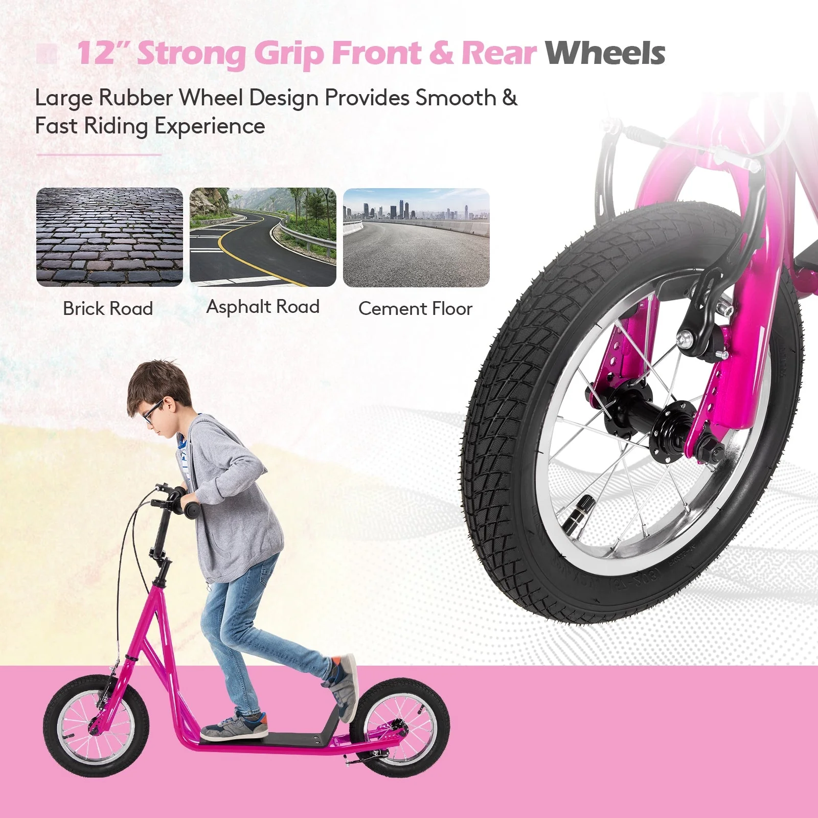 Height Adjustable Kid Kick Scooter with 12 Inch Air Filled Wheel-Pink - Image 5