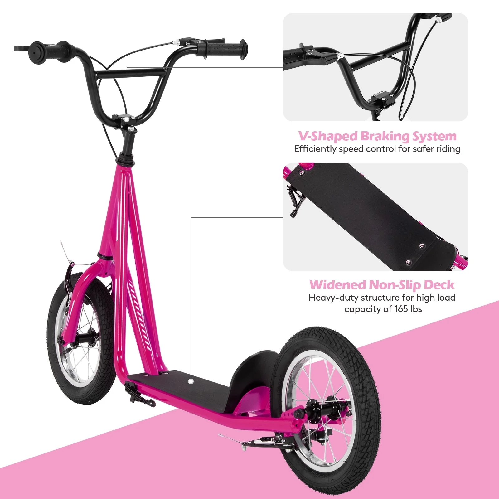 Height Adjustable Kid Kick Scooter with 12 Inch Air Filled Wheel-Pink - Image 8
