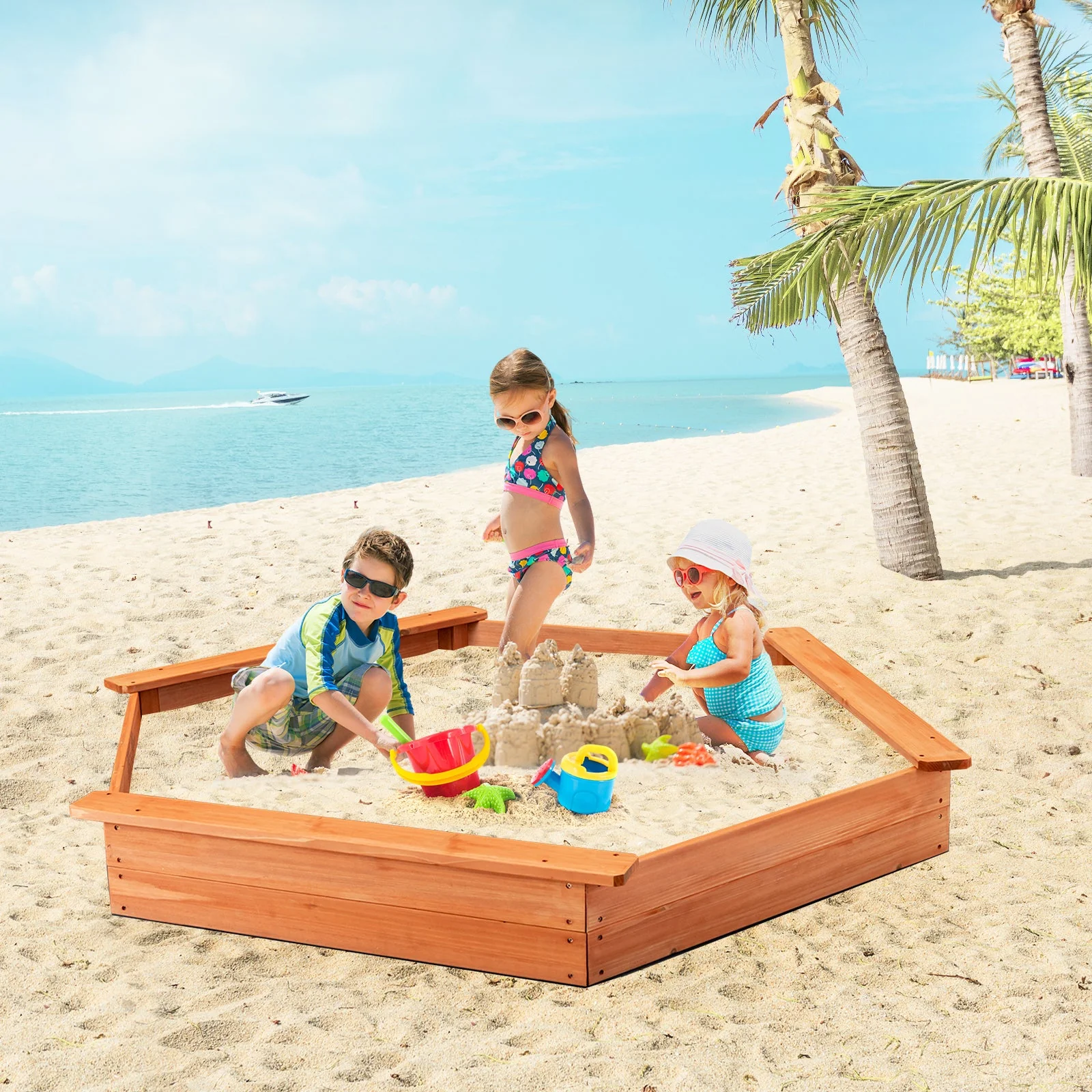 Hexagon Wooden Cedar Sand Box with Seat Boards - Image 2