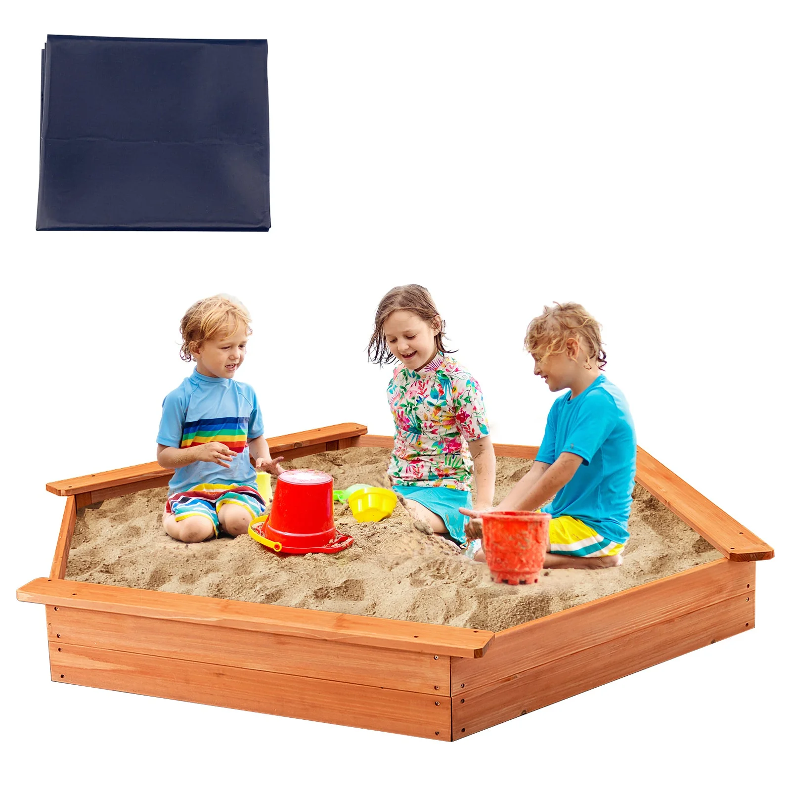 Hexagon Wooden Cedar Sand Box with Seat Boards - Image 4